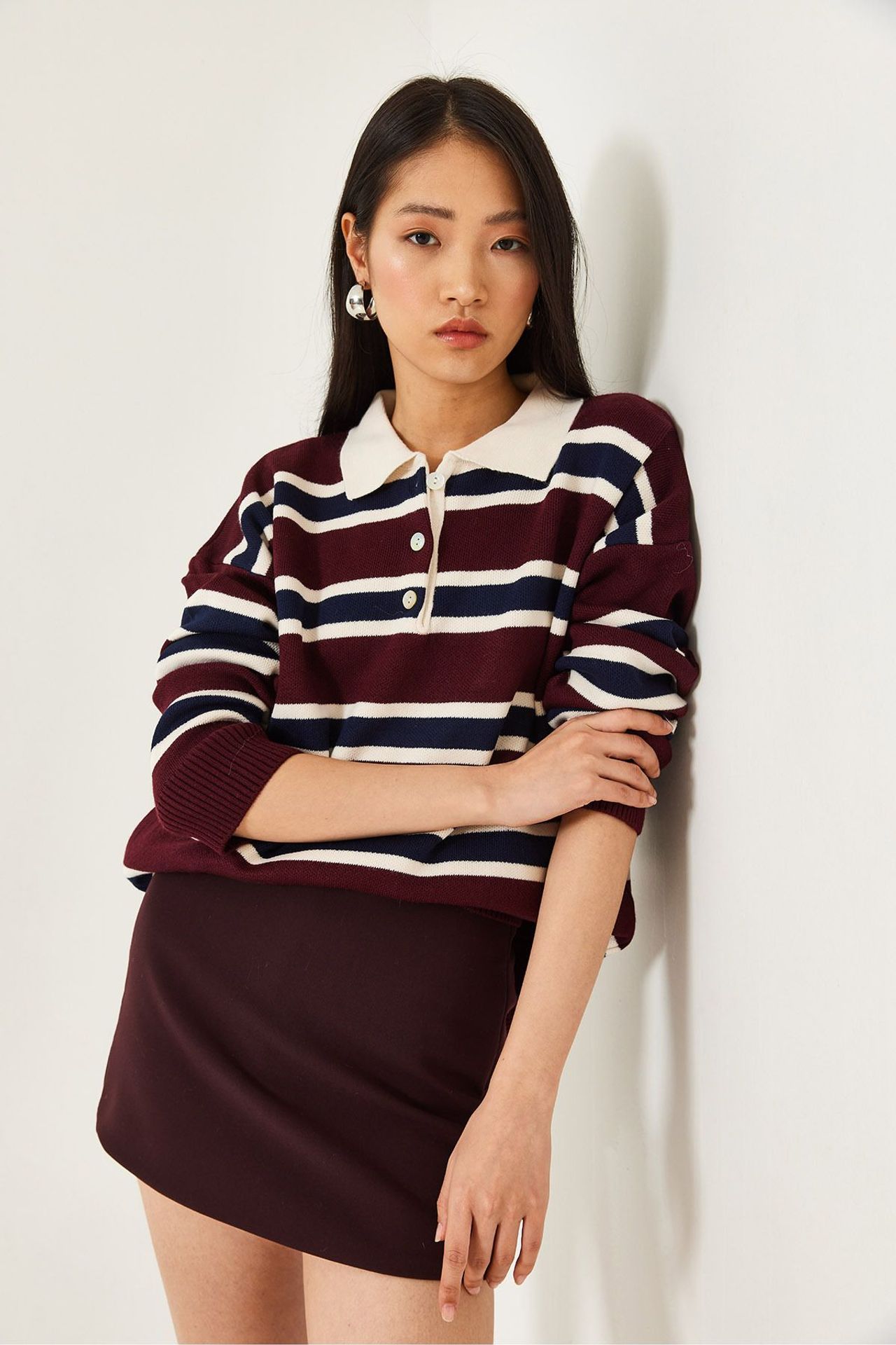 LUCCI Striped Polo Collar Knit Sweater 2