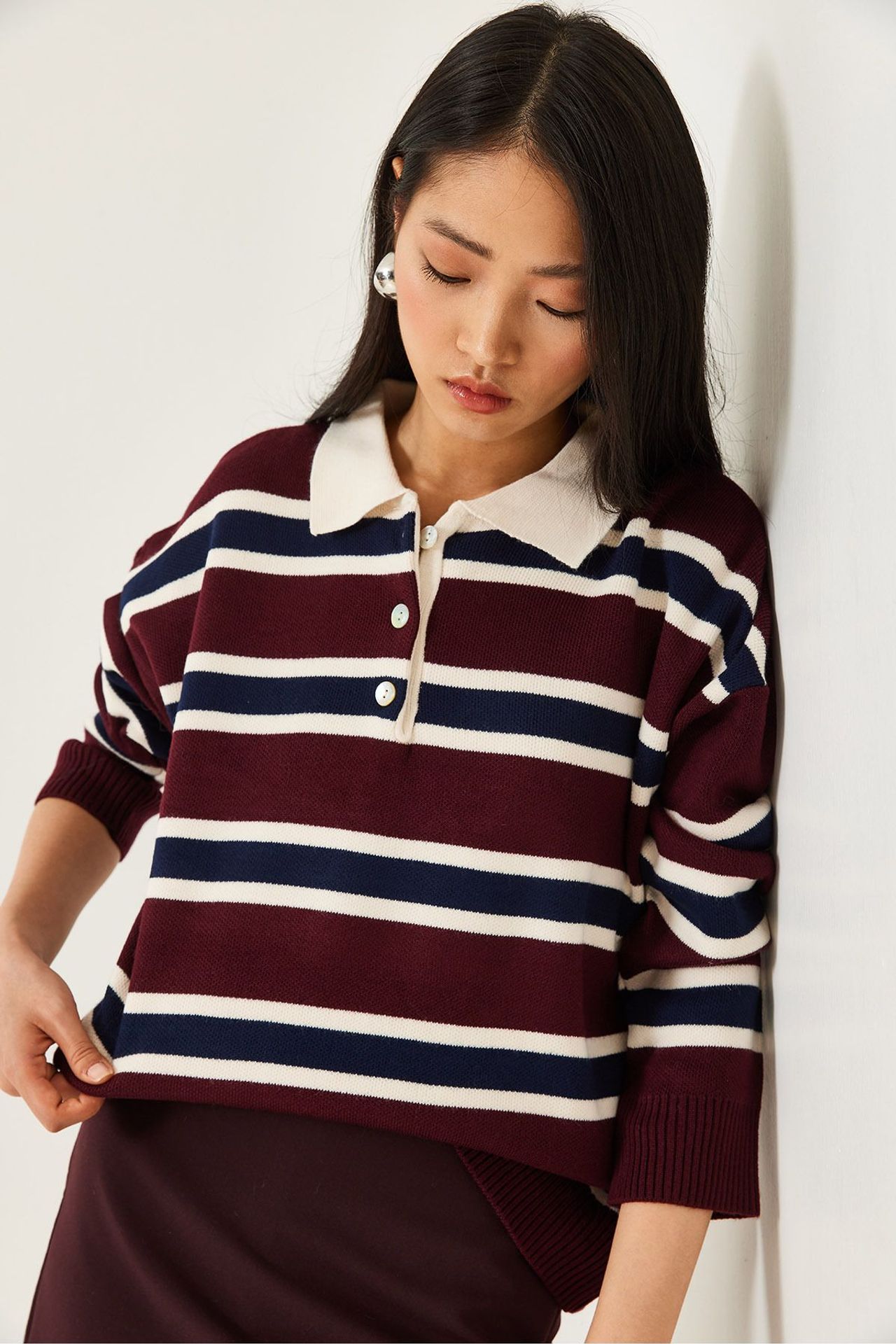 LUCCI Striped Polo Collar Knit Sweater 3
