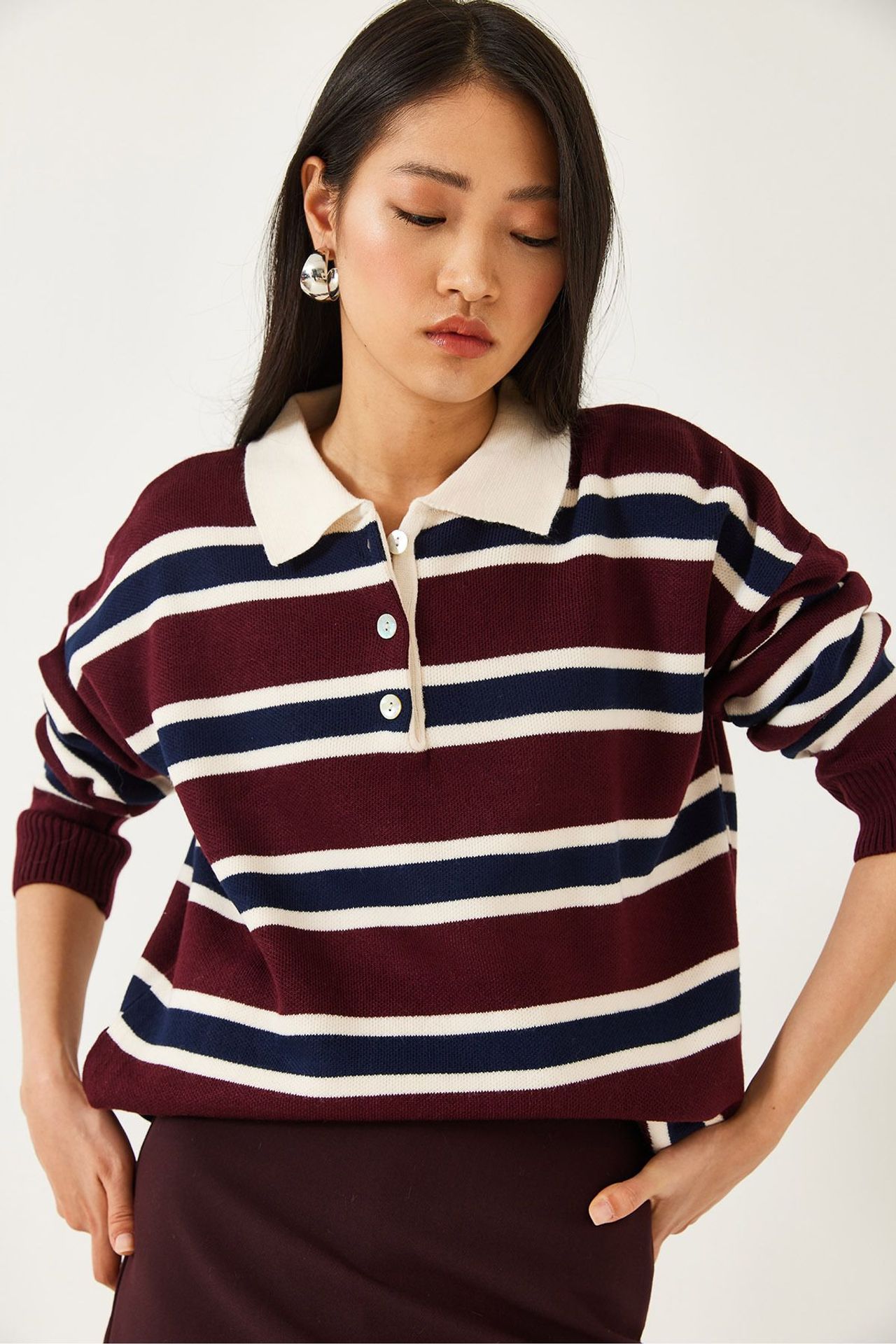 LUCCI Striped Polo Collar Knit Sweater 4