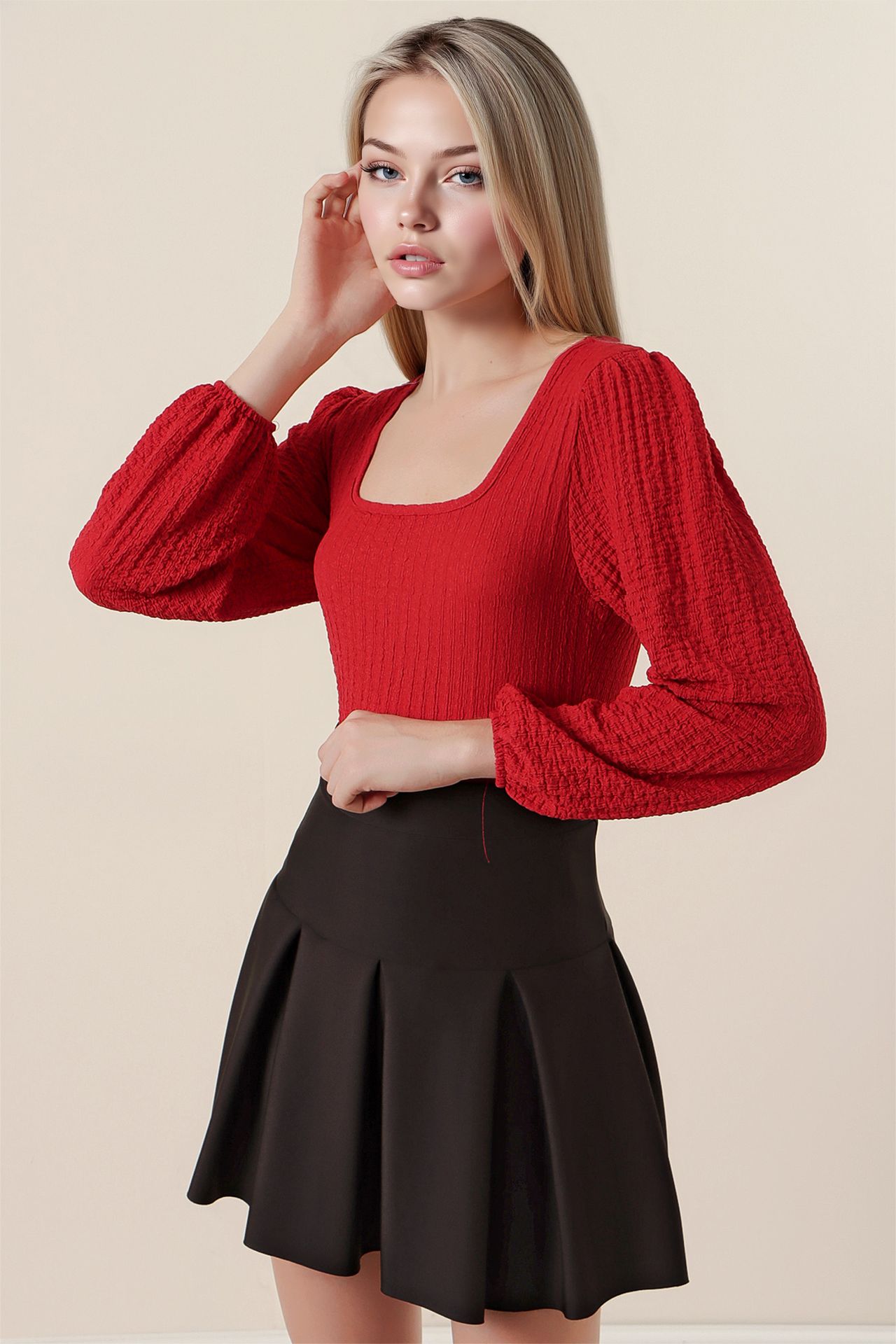BDART Textured Square Collar Long Sleeve Blouse 3