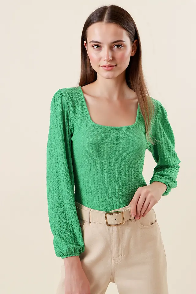 BDART Textured Square Collar Long Sleeve Blouse