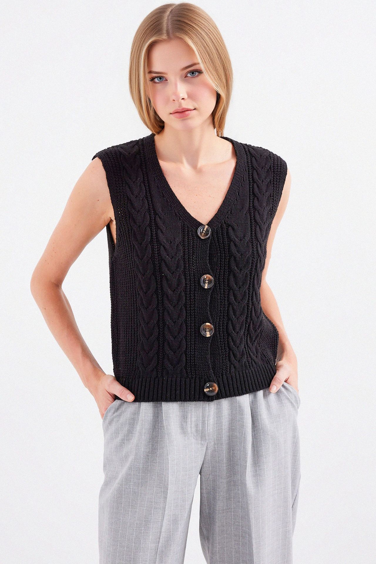 BDART Textured V-Neck Crop Waistcoat with Button Closure 2
