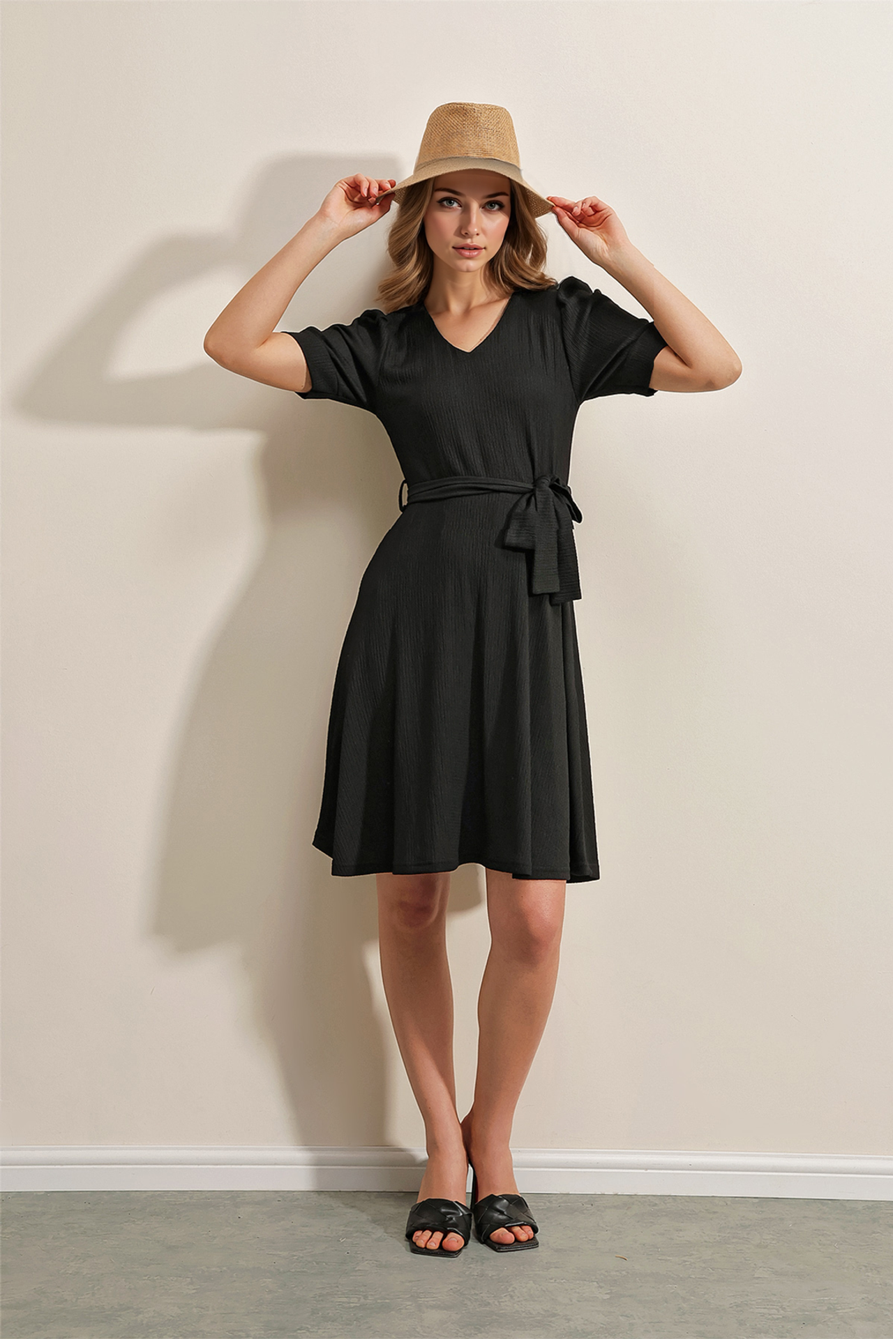 BDART Textured V-Neck Midi Knit Dress with Bow 1