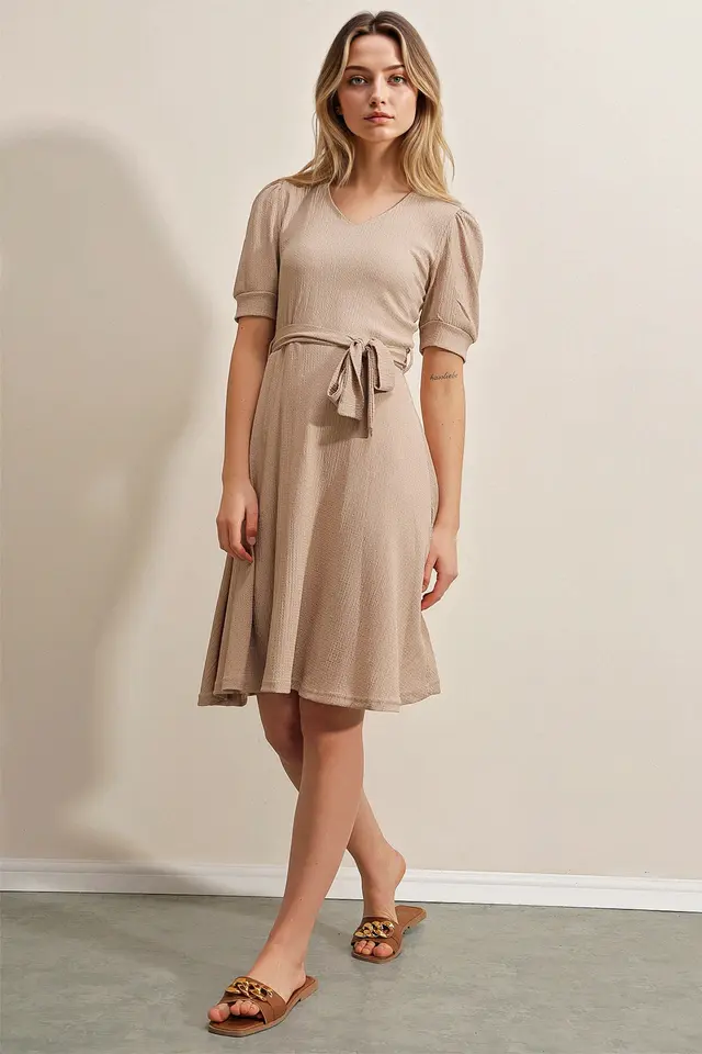 BDART Textured V-Neck Midi Knit Dress with Bow