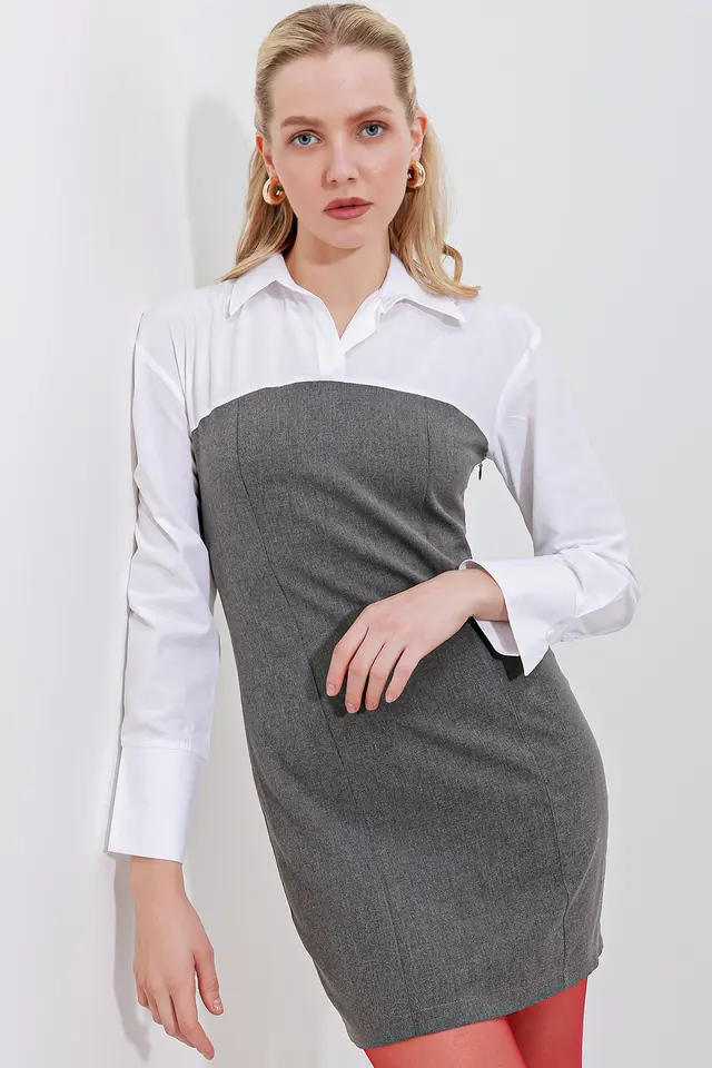 Color Blocked Mini Dress with Shirt Collar and Long Sleeves