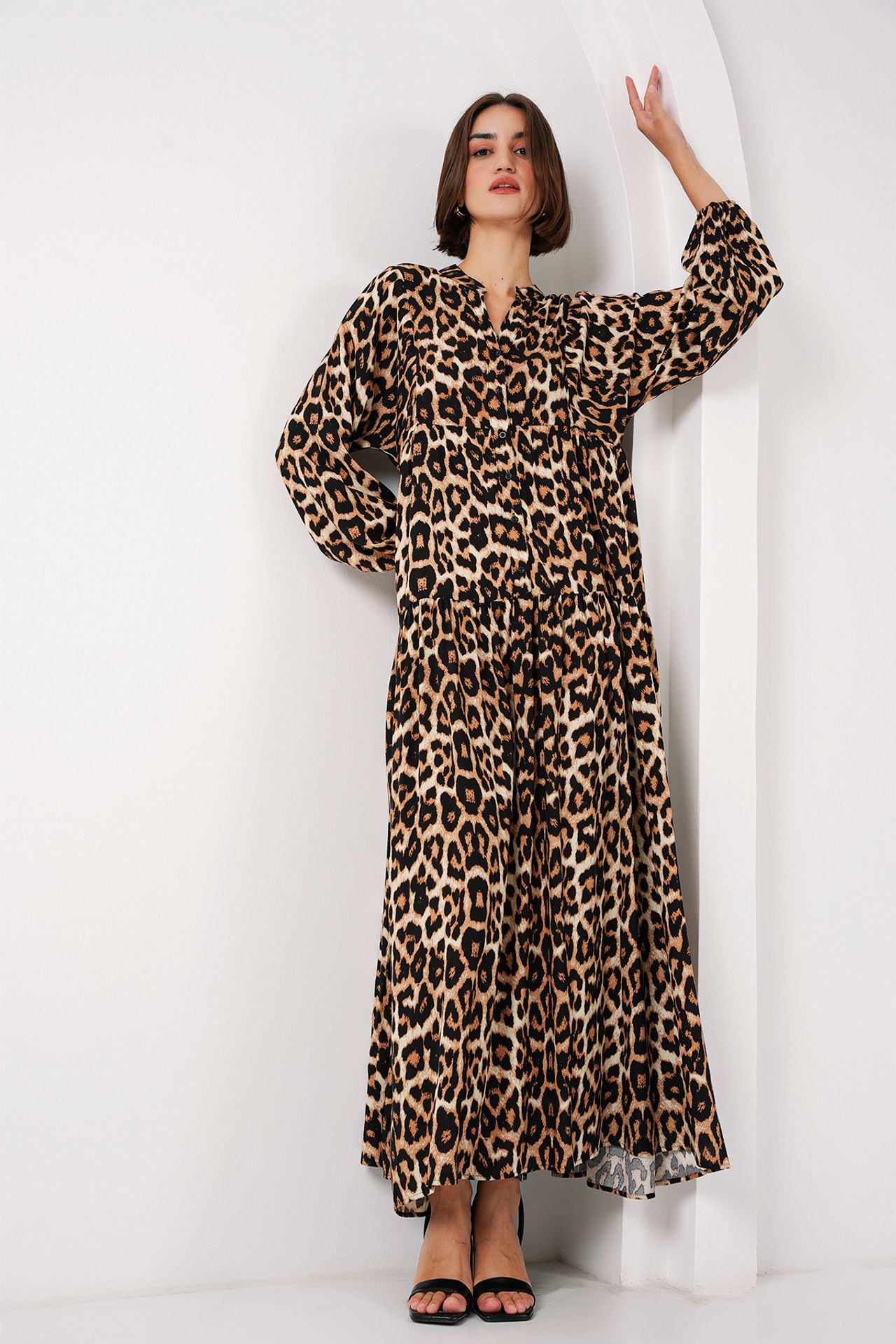 BDART Printed V-Neck Maxi Dress with Button Closure