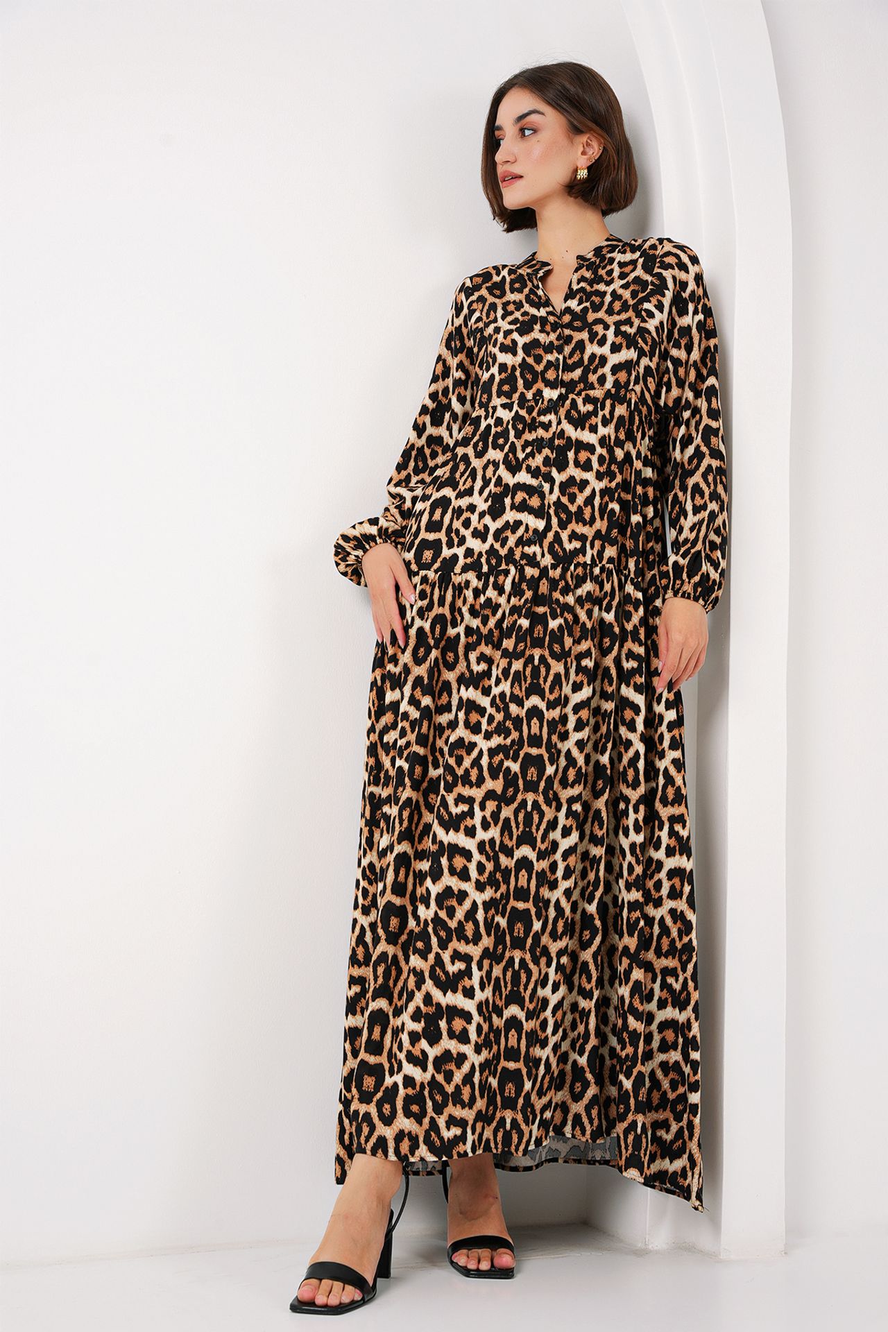 BDART Printed V-Neck Maxi Dress with Button Closure