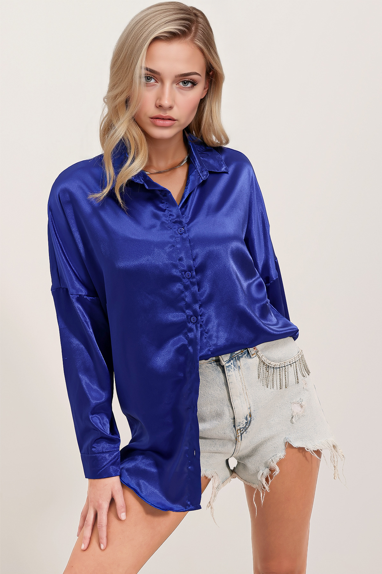 Oversized Satin Button-Front Shirt 3
