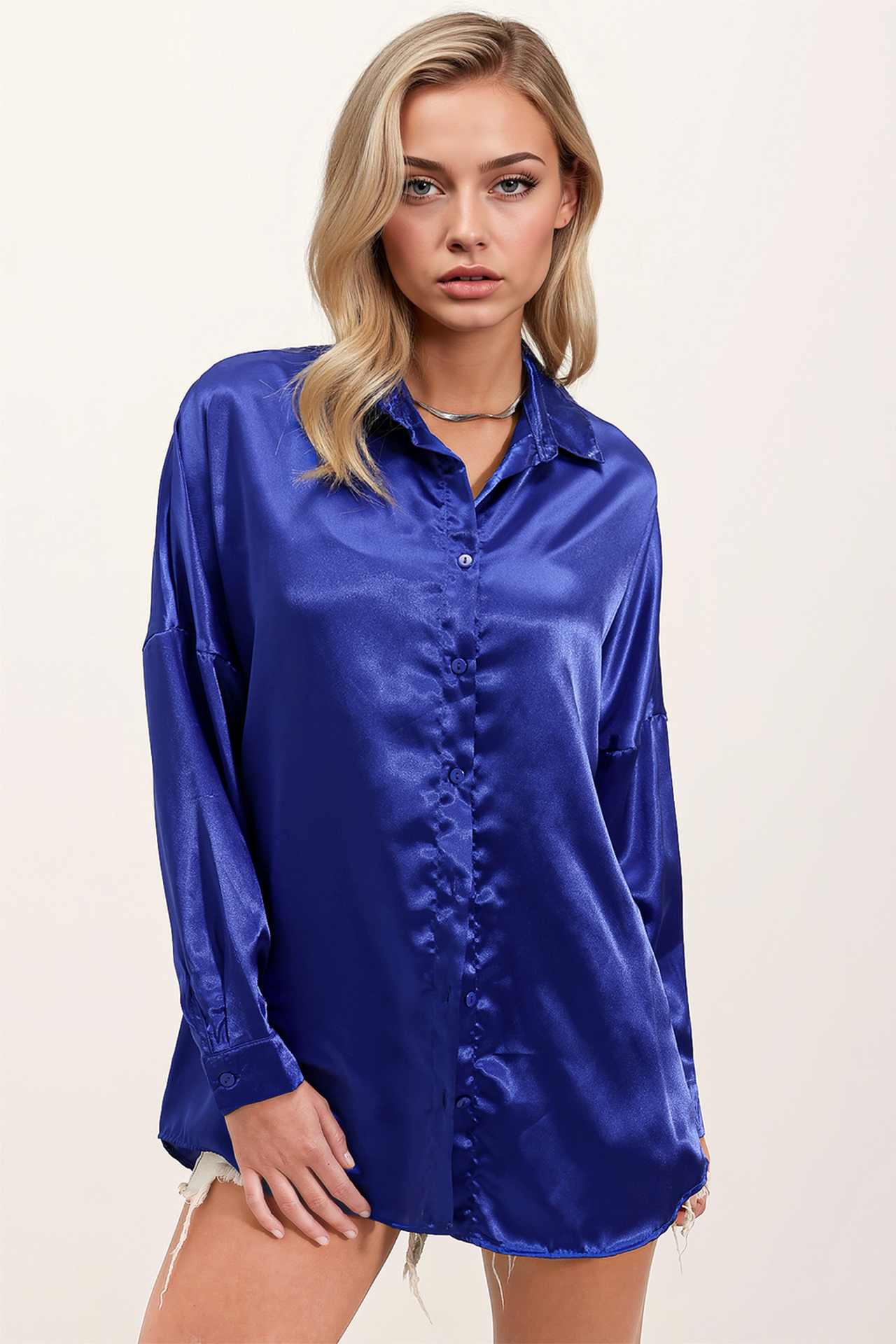 Oversized Satin Button-Front Shirt 4