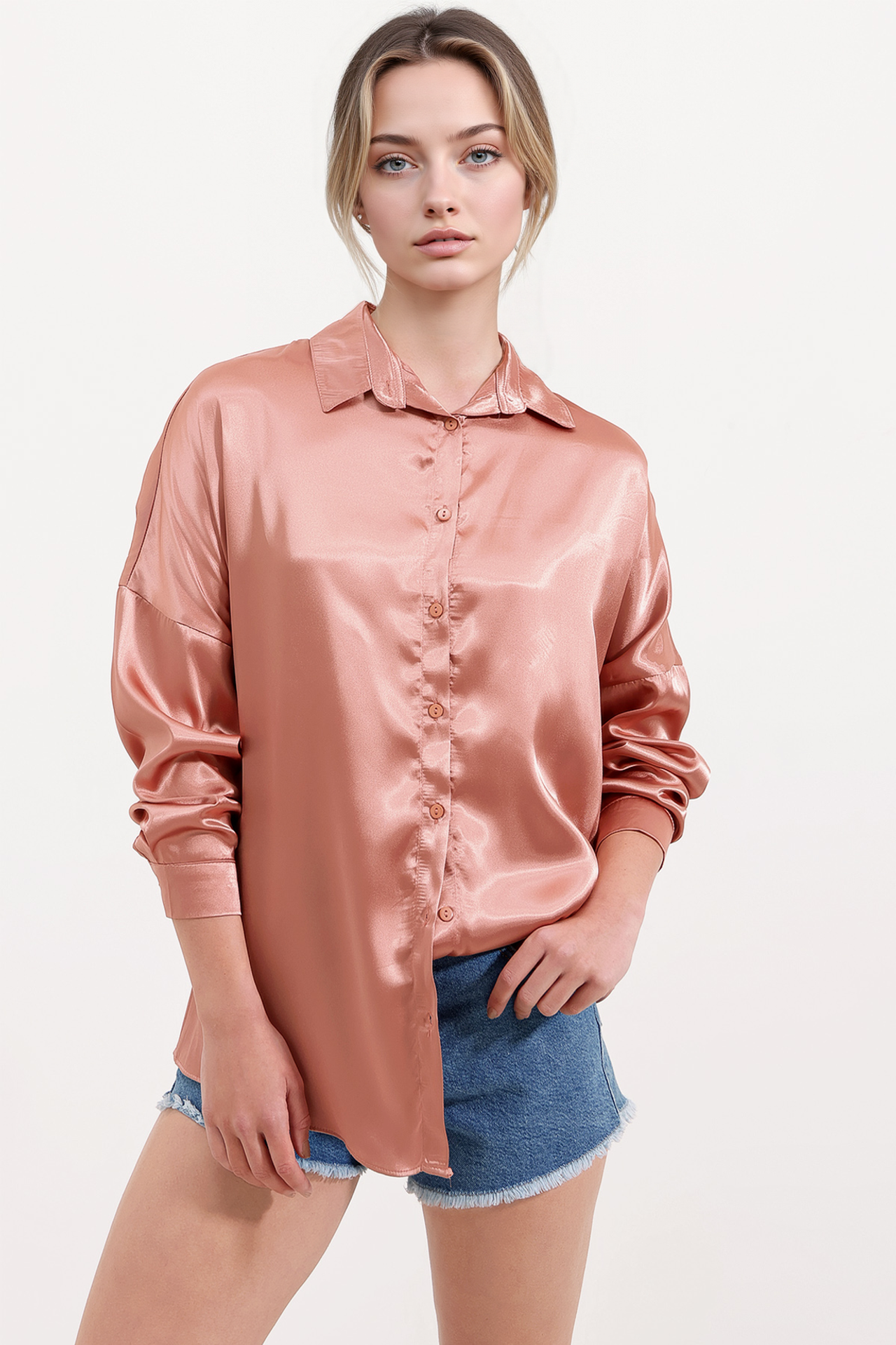 Oversized Satin Button-Front Shirt 1