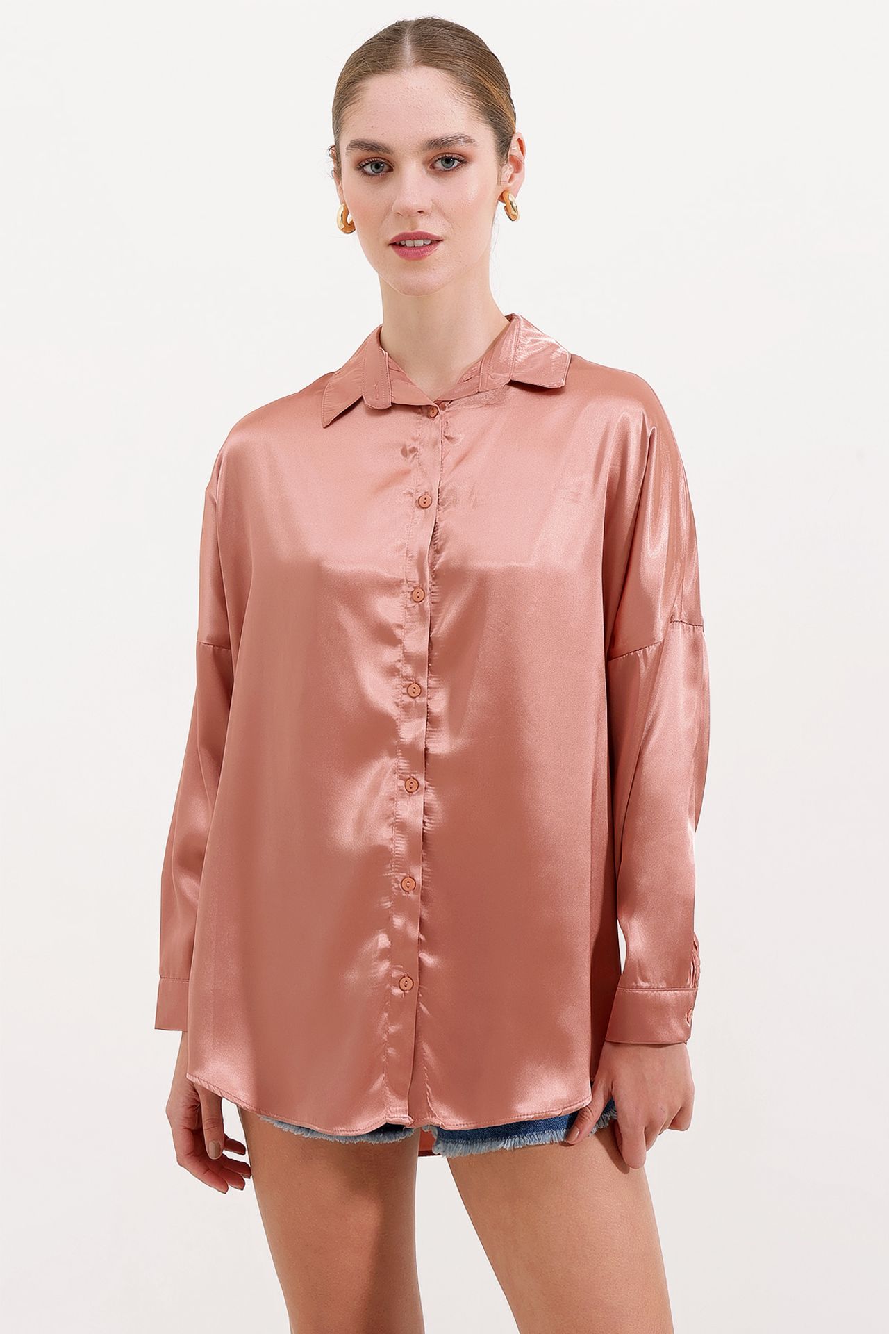 Oversized Satin Button-Front Shirt 2