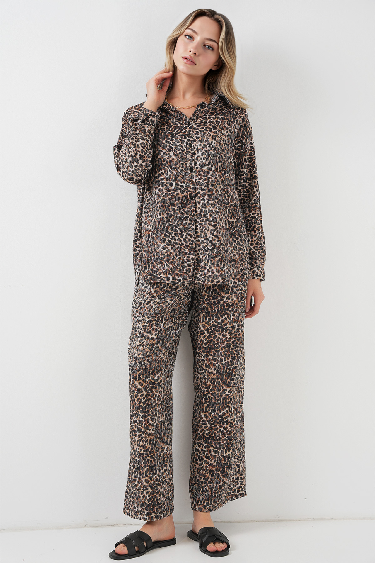 BDART Leopard Print Button-Up Shirt and Wide Leg Pants Satin Two-Piece Set 1