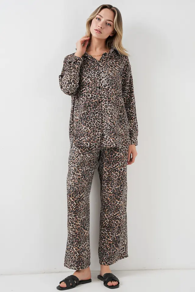 BDART Leopard Print Button-Up Shirt and Wide Leg Pants Satin Two-Piece Set