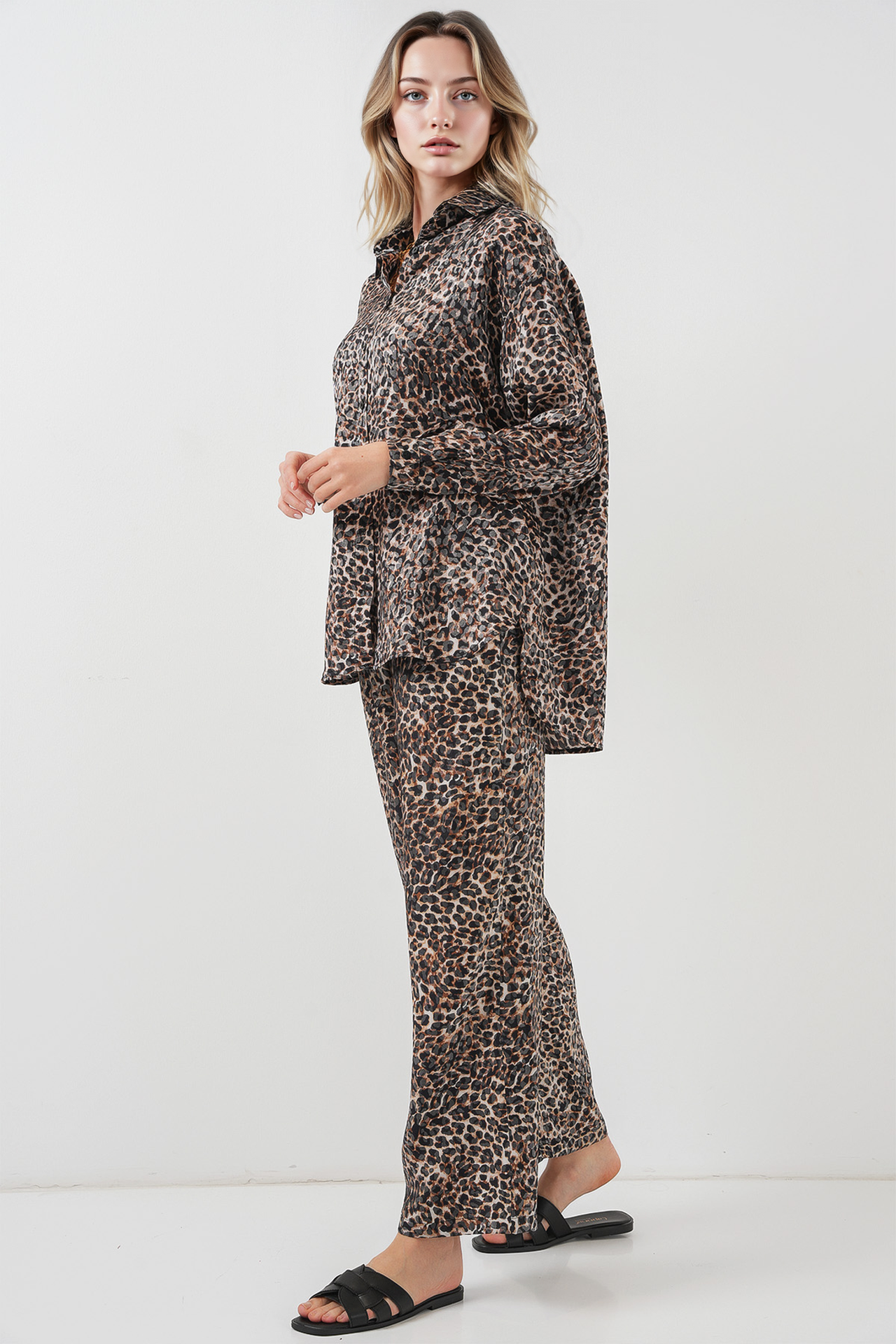 BDART Leopard Print Button-Up Shirt and Wide Leg Pants Satin Two-Piece Set 3