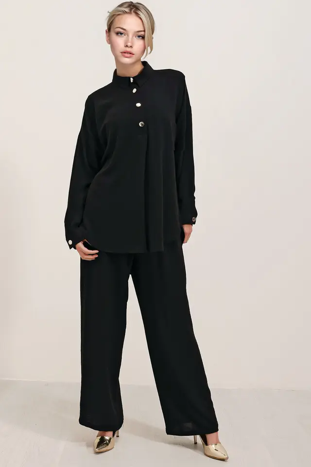 BDART Textured Long Sleeve Button-Up Shirt and Wide Leg Pants Set