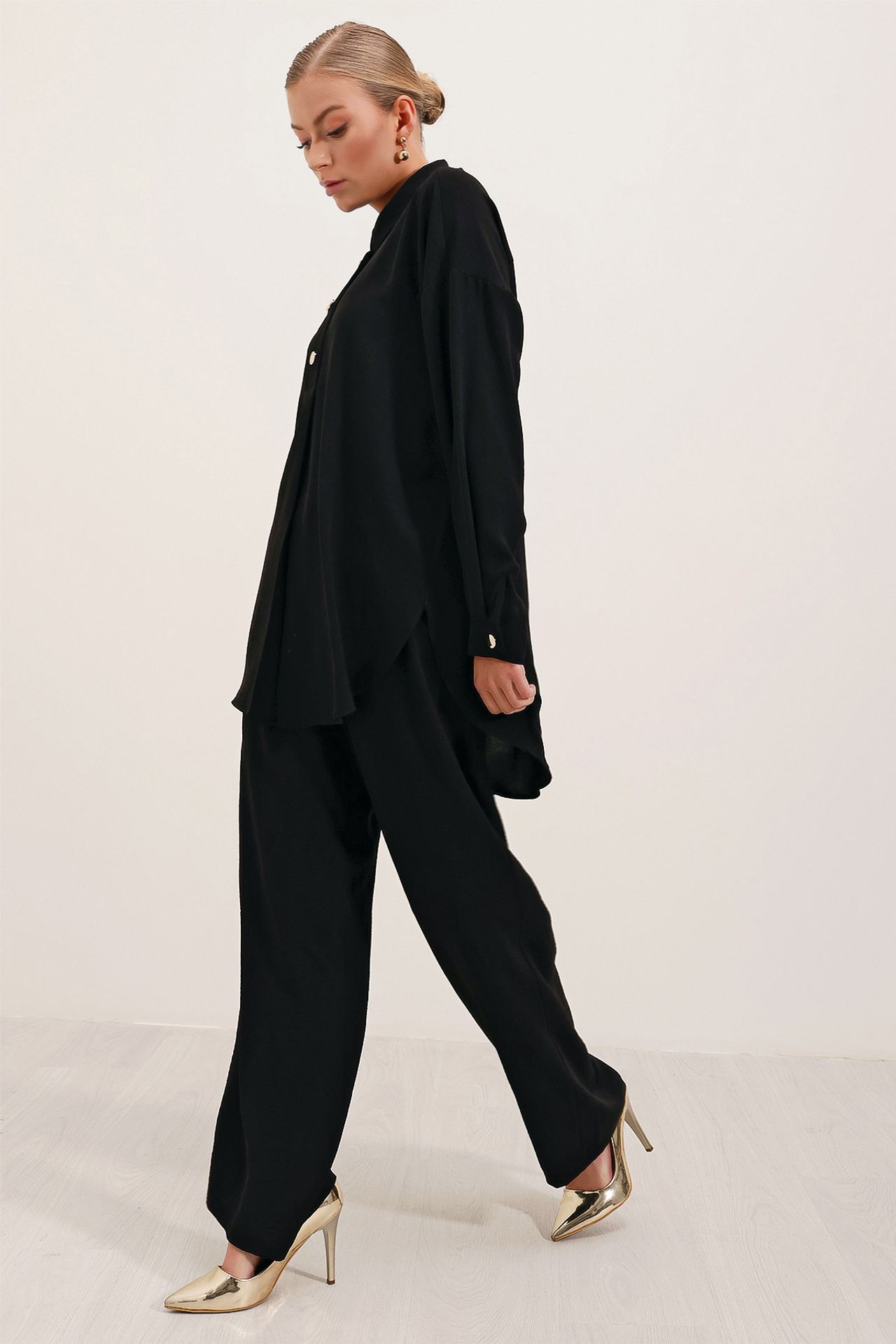 BDART Textured Long Sleeve Button-Up Shirt and Wide Leg Pants Set 2
