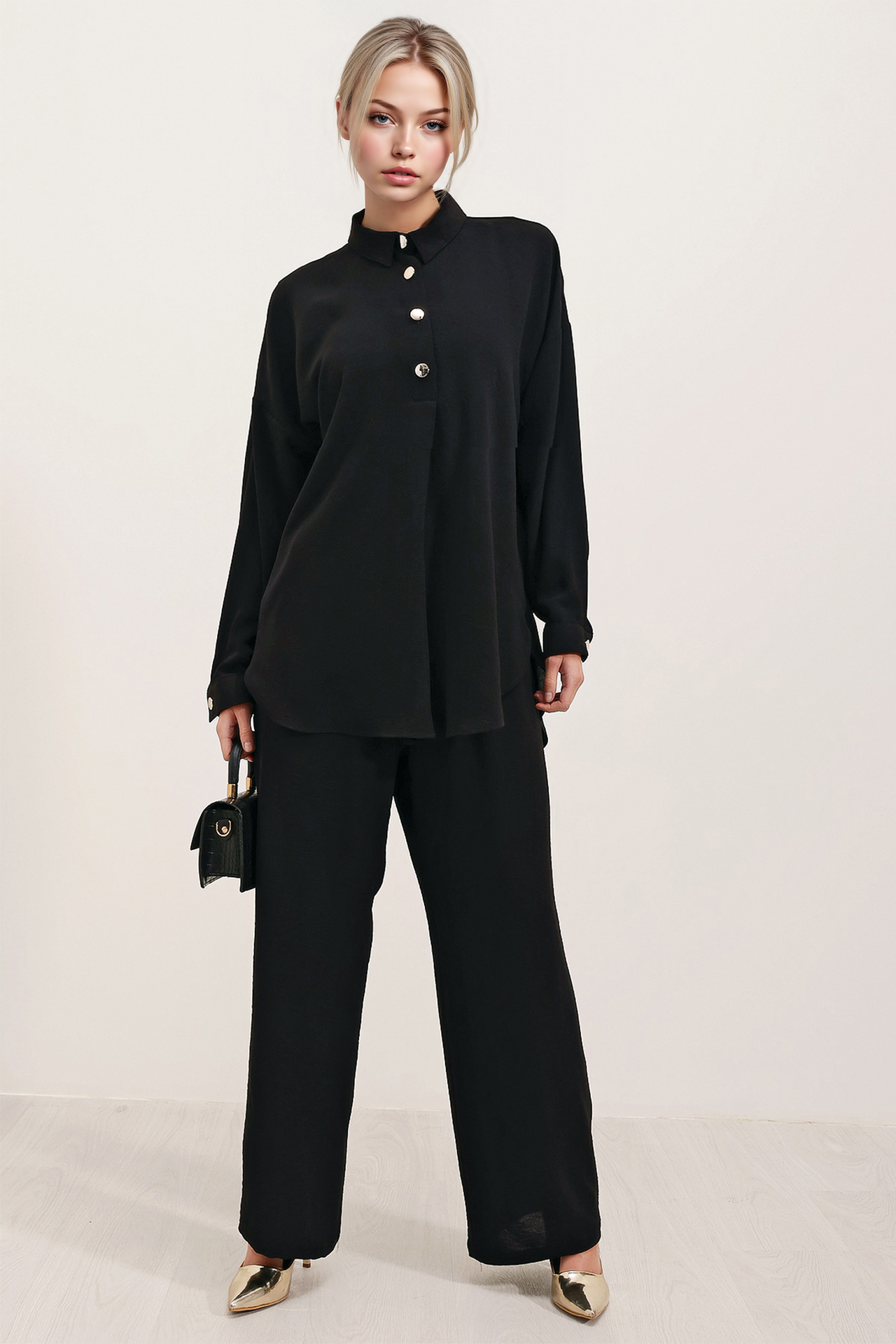 BDART Textured Long Sleeve Button-Up Shirt and Wide Leg Pants Set 4