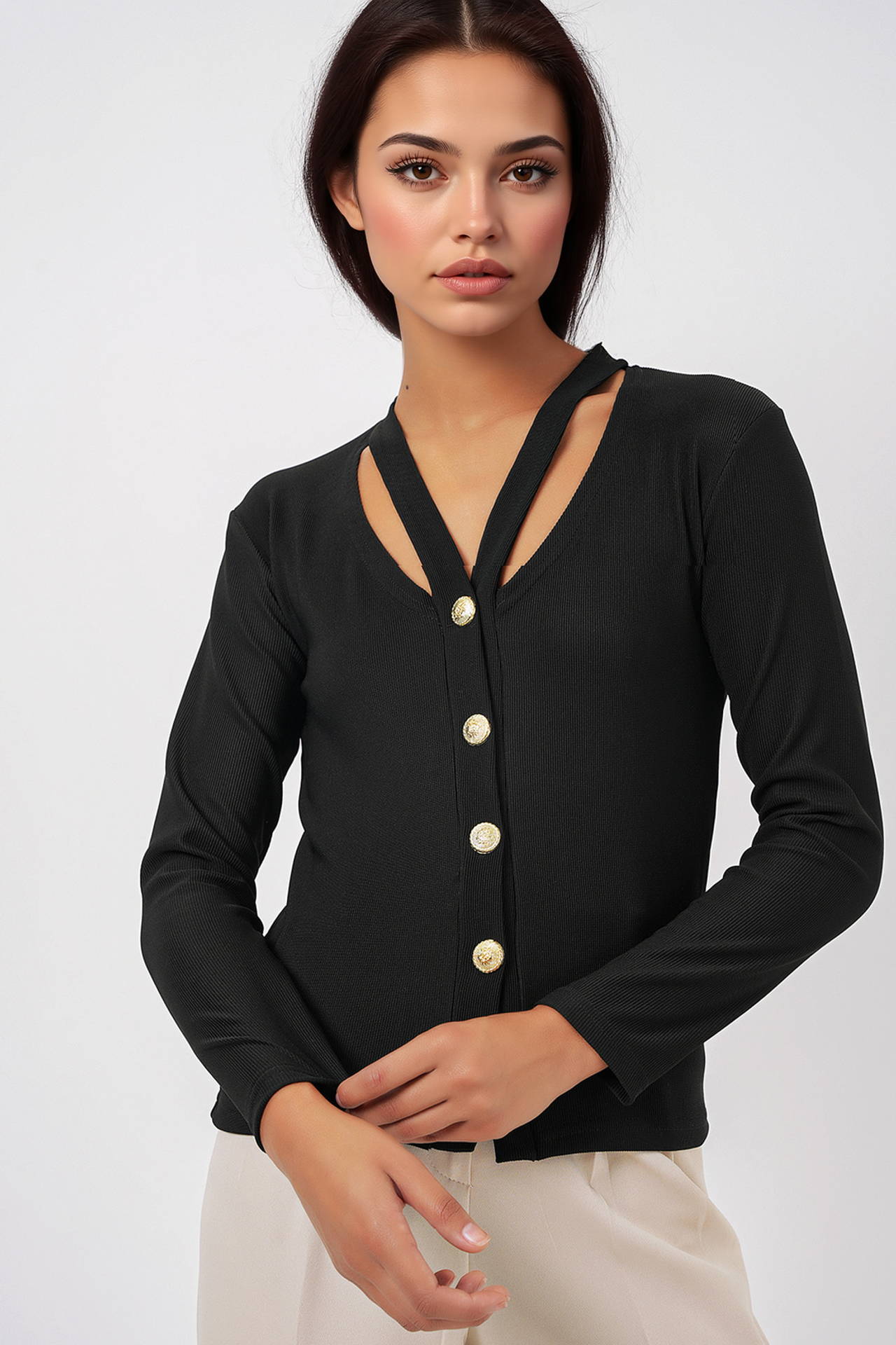 BDART Ribbed V-Neck Buttoned Cardigan 1