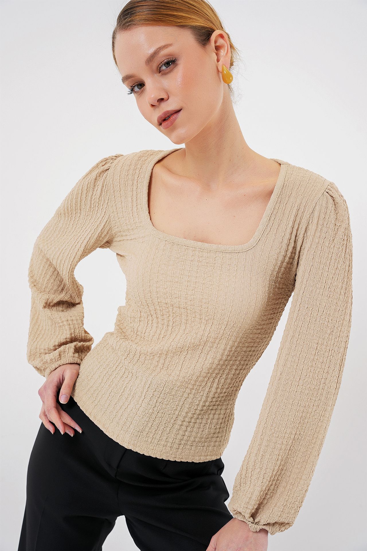 BDART Textured Square Collar Long Sleeve Blouse 1
