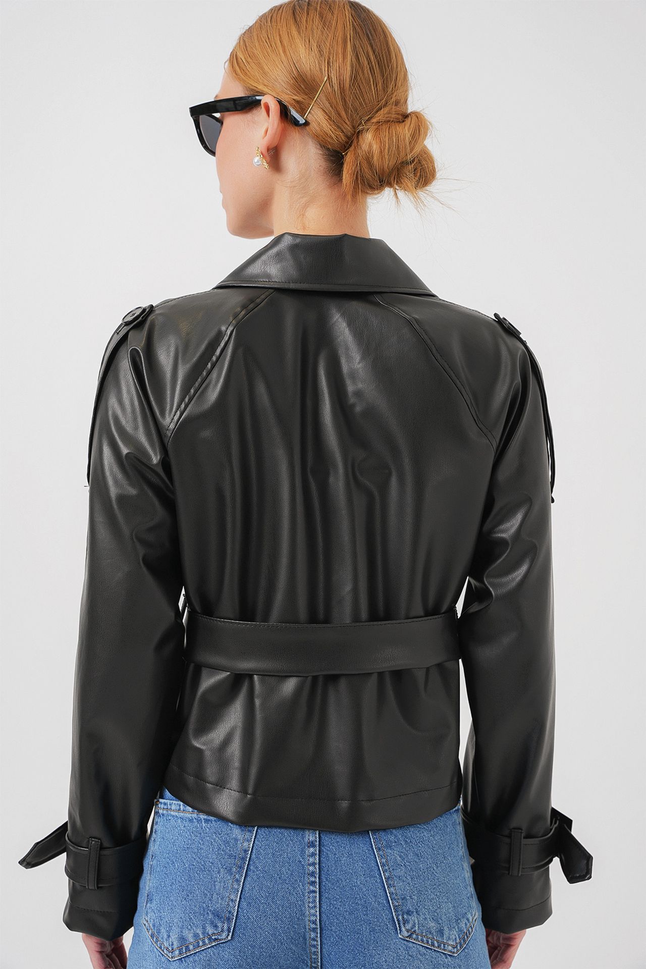 BDART Fitted Crop Faux Leather Bomber Jacket with Bow 6
