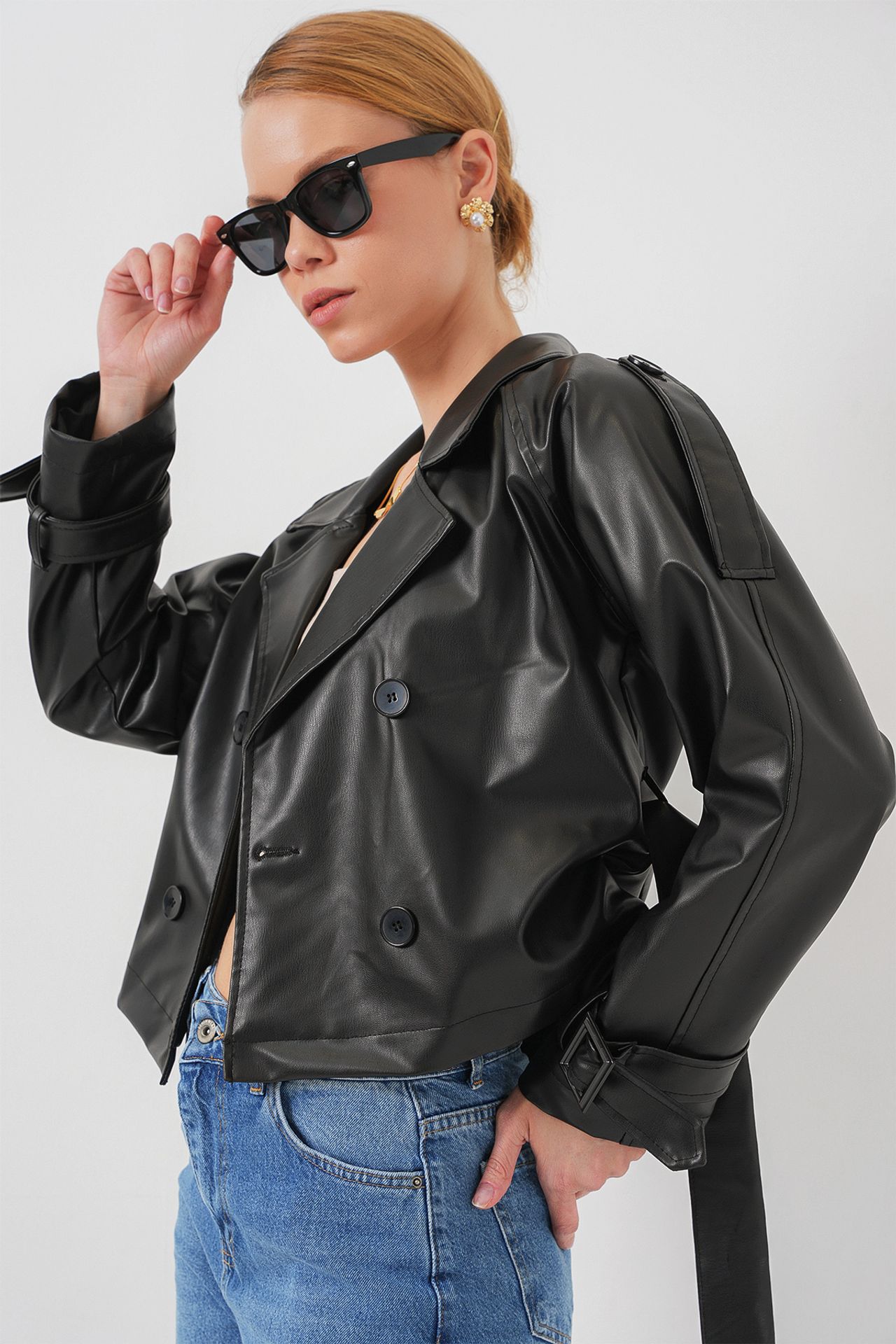 BDART Fitted Crop Faux Leather Bomber Jacket with Bow 1