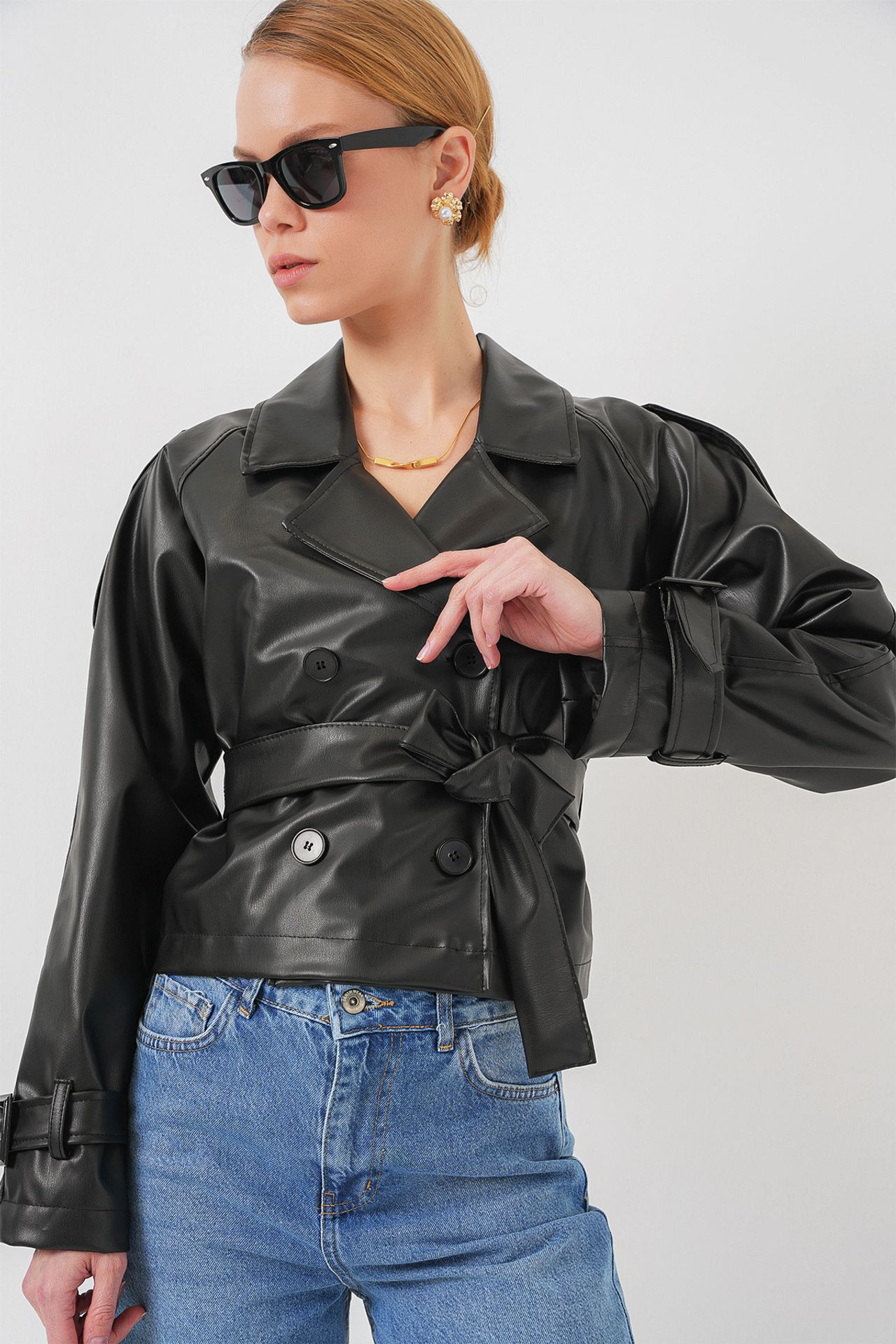 BDART Fitted Crop Faux Leather Bomber Jacket with Bow 3