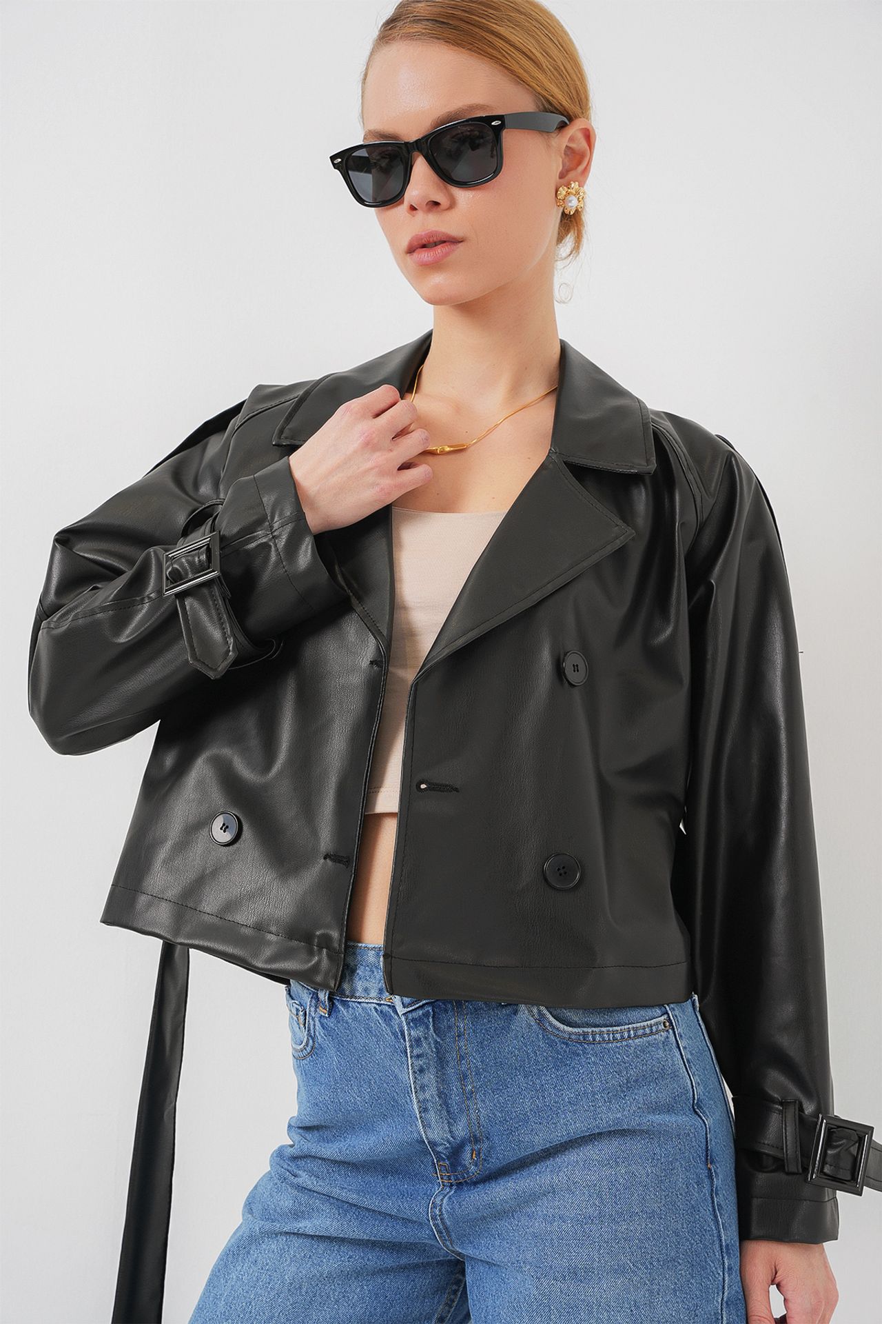 BDART Fitted Crop Faux Leather Bomber Jacket with Bow 4