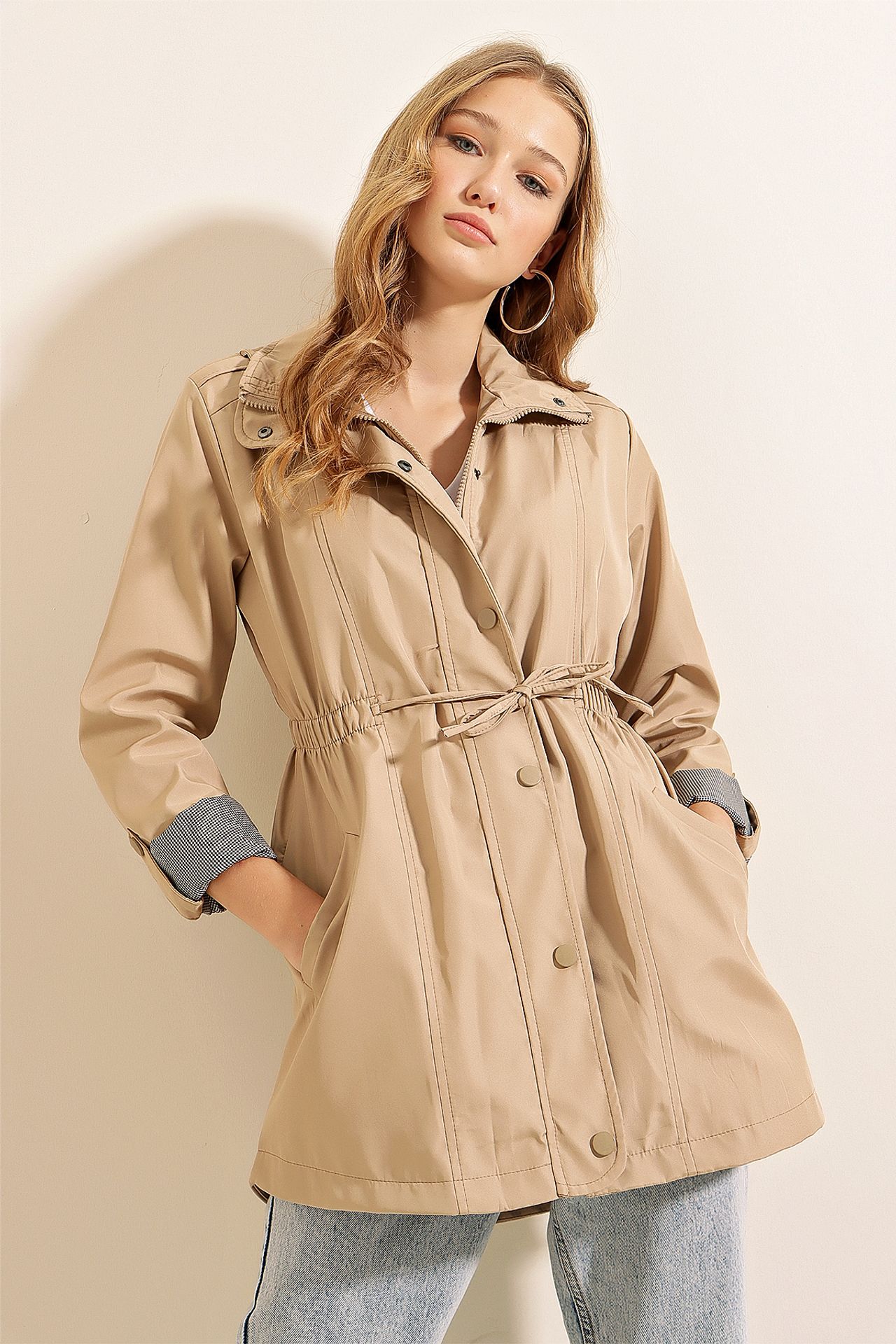 Drawstring Waist Woven Trench Coat with Roll-Up Cuffs 3