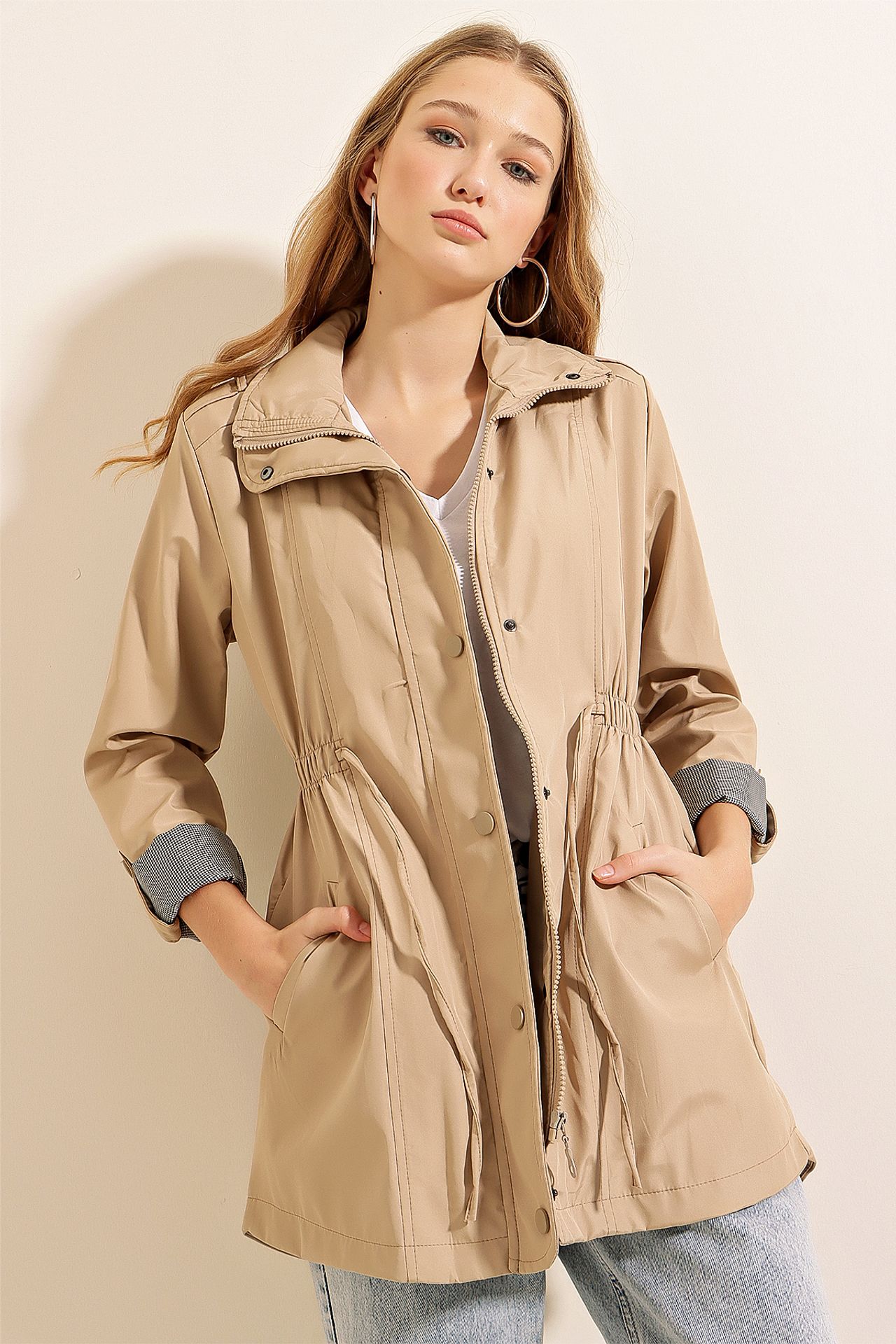 Drawstring Waist Woven Trench Coat with Roll-Up Cuffs 10