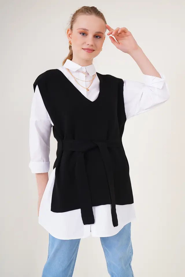 BDART V-Neck Acrylic Knit Sweater Vest with Tie Closure