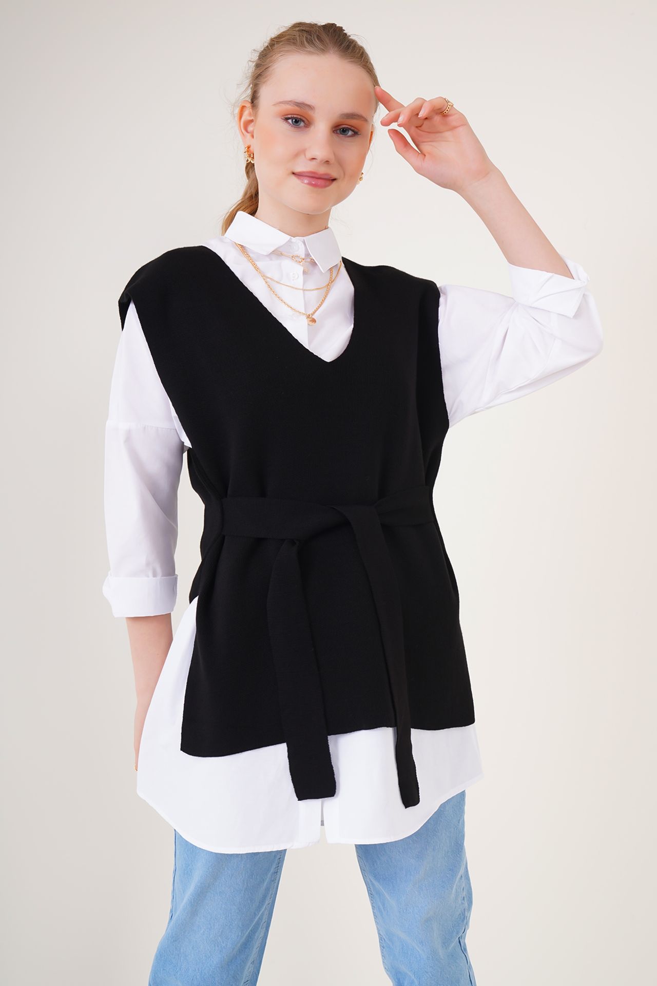 BDART V-Neck Acrylic Knit Sweater Vest with Tie Closure 1