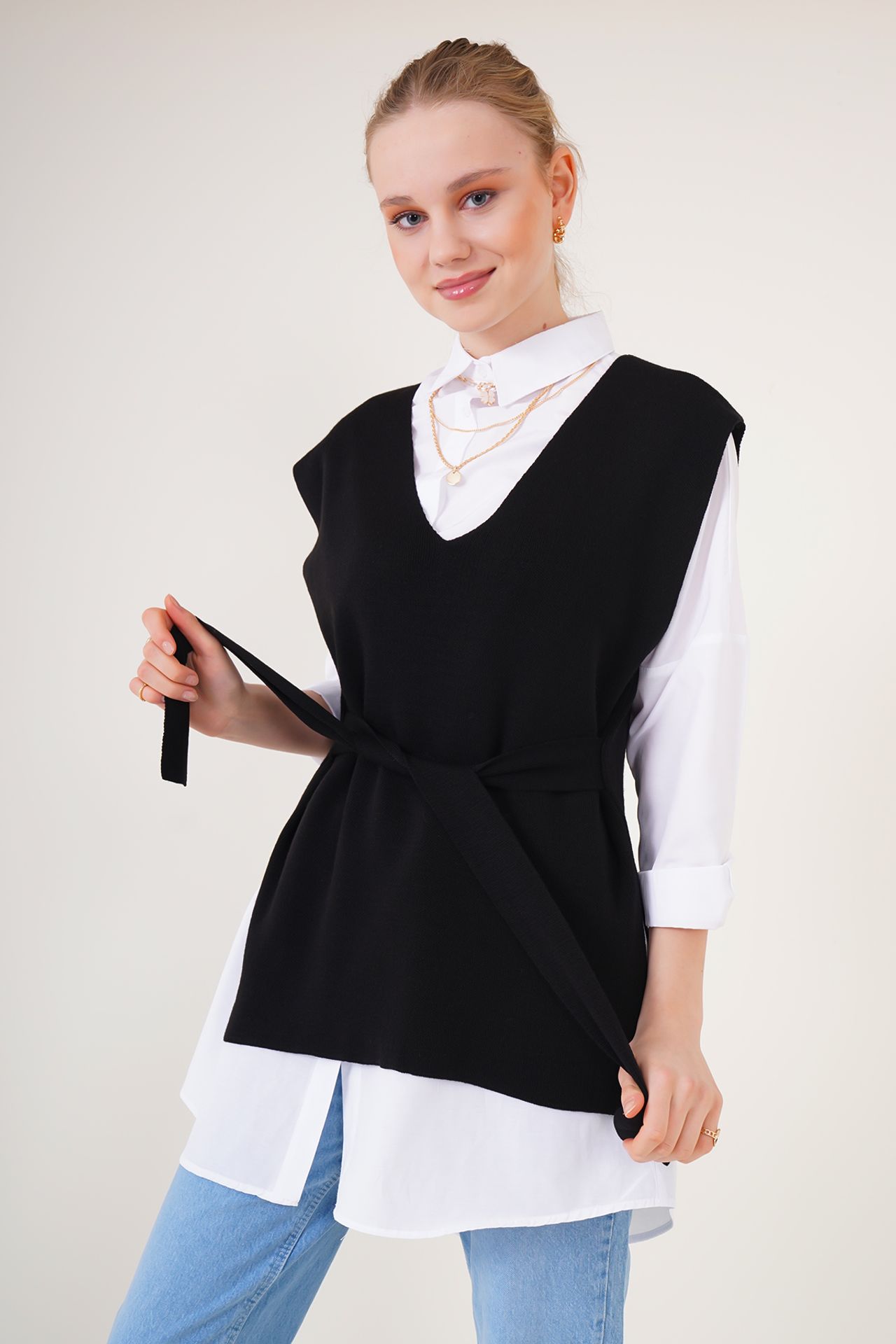BDART V-Neck Acrylic Knit Sweater Vest with Tie Closure 3