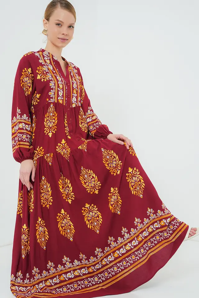 BDART Printed V-Neck Maxi Dress with Button Closure