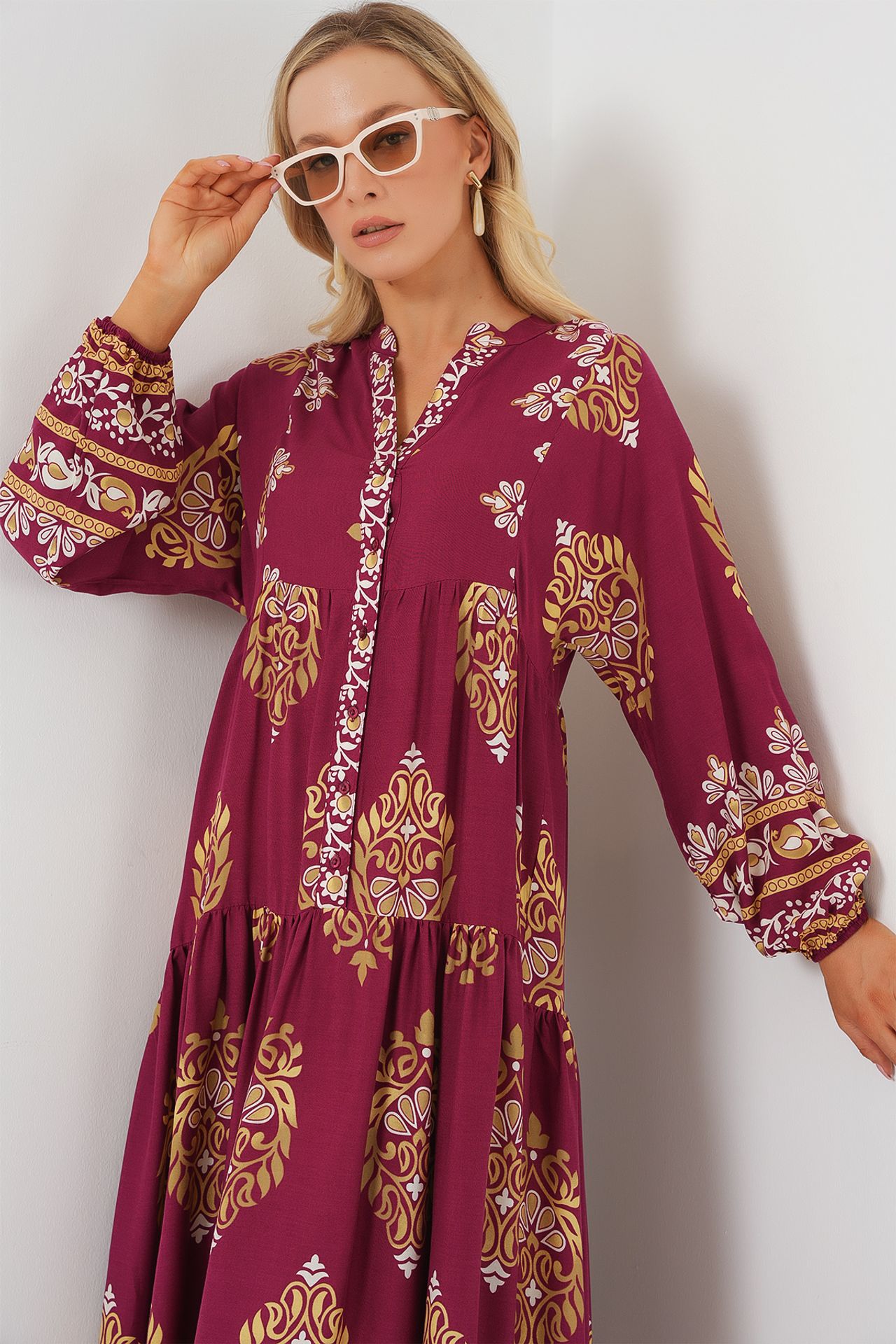 BDART Patterned V-Neck Maxi Dress with Button Closure 5