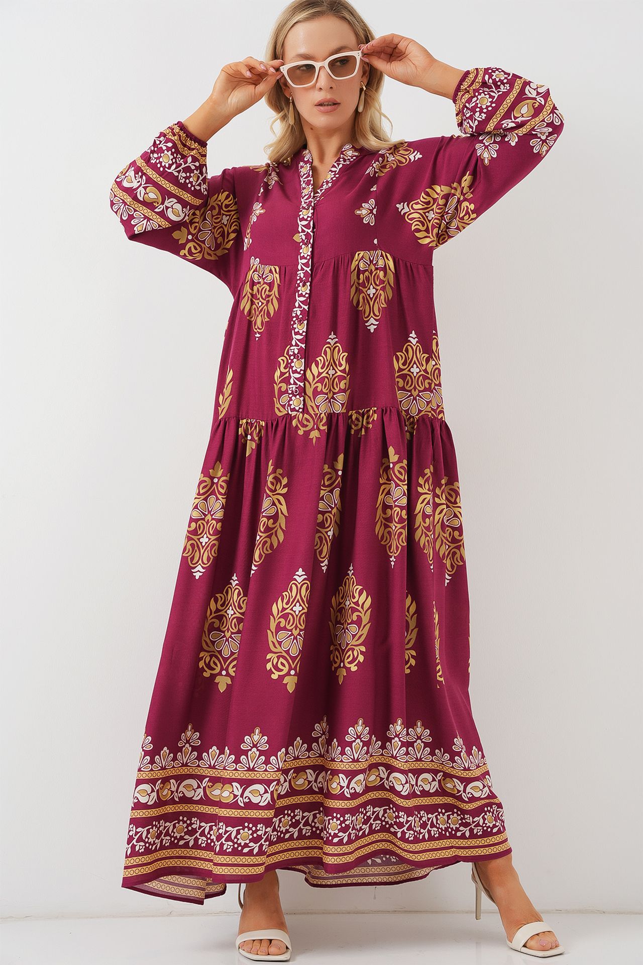 BDART Patterned V-Neck Maxi Dress with Button Closure 1