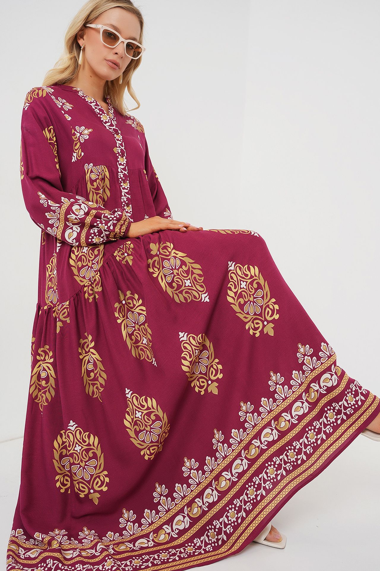 BDART Patterned V-Neck Maxi Dress with Button Closure 2