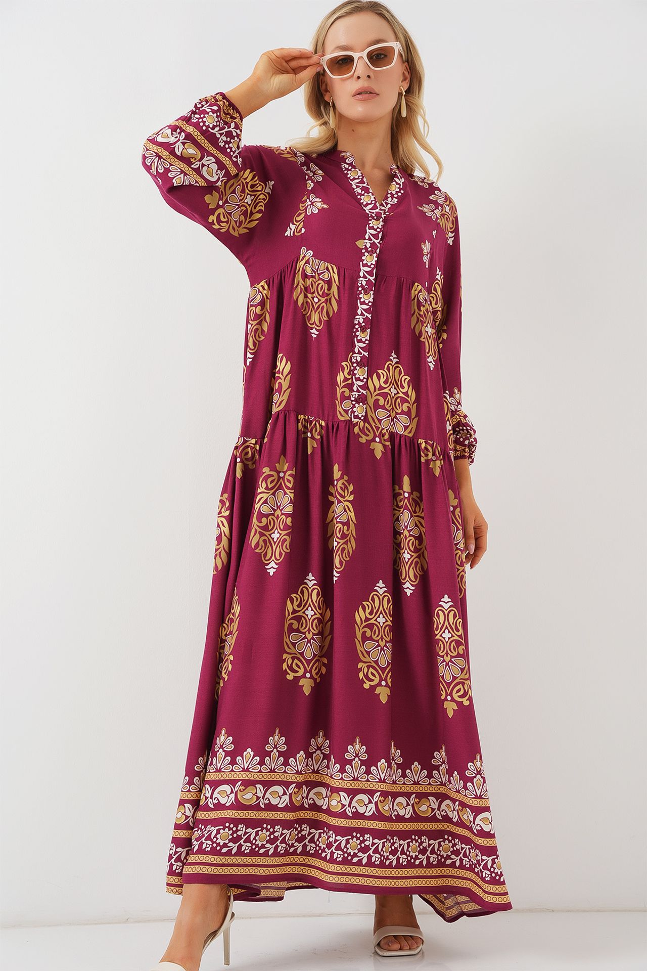 BDART Patterned V-Neck Maxi Dress with Button Closure 3