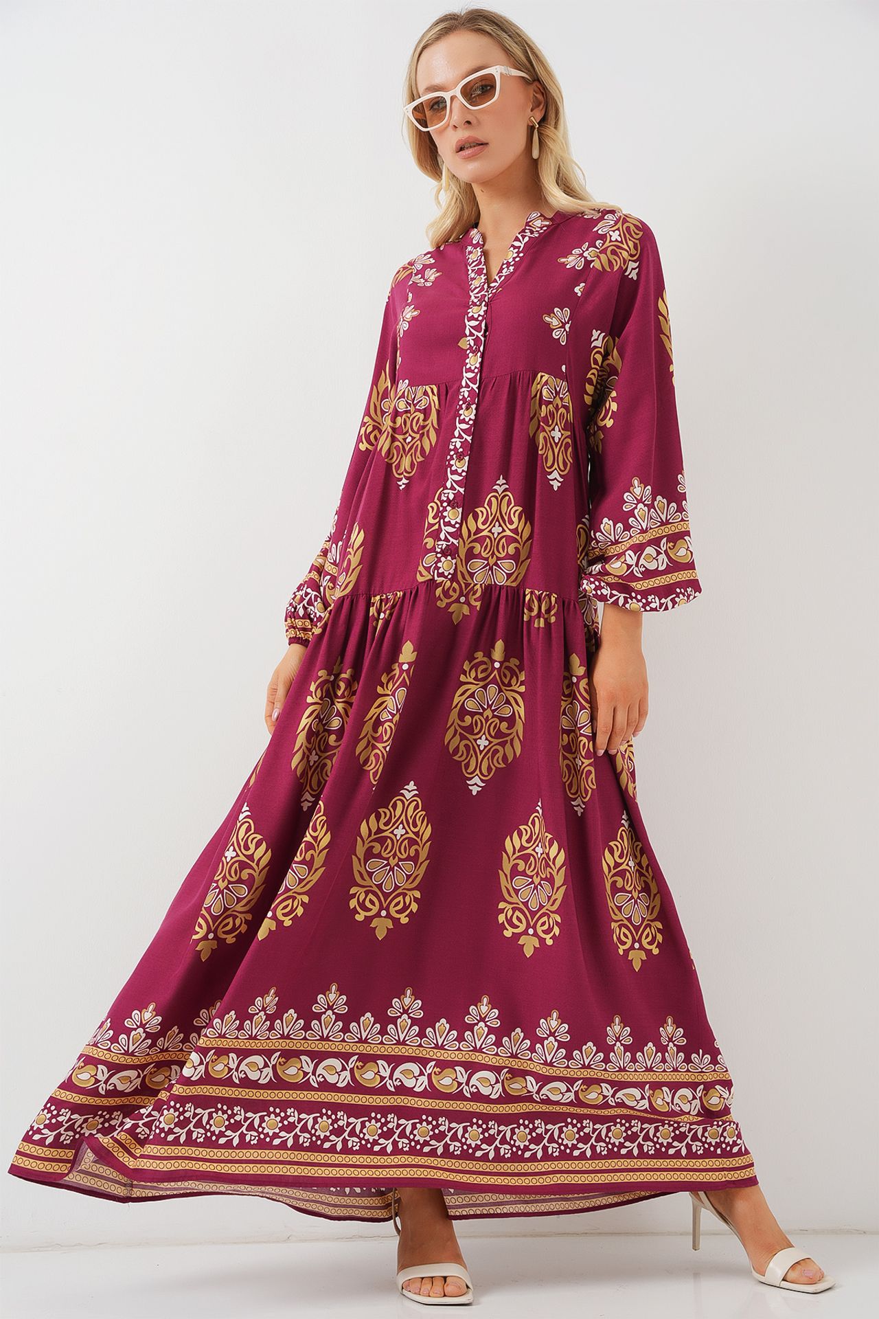 BDART Patterned V-Neck Maxi Dress with Button Closure 4