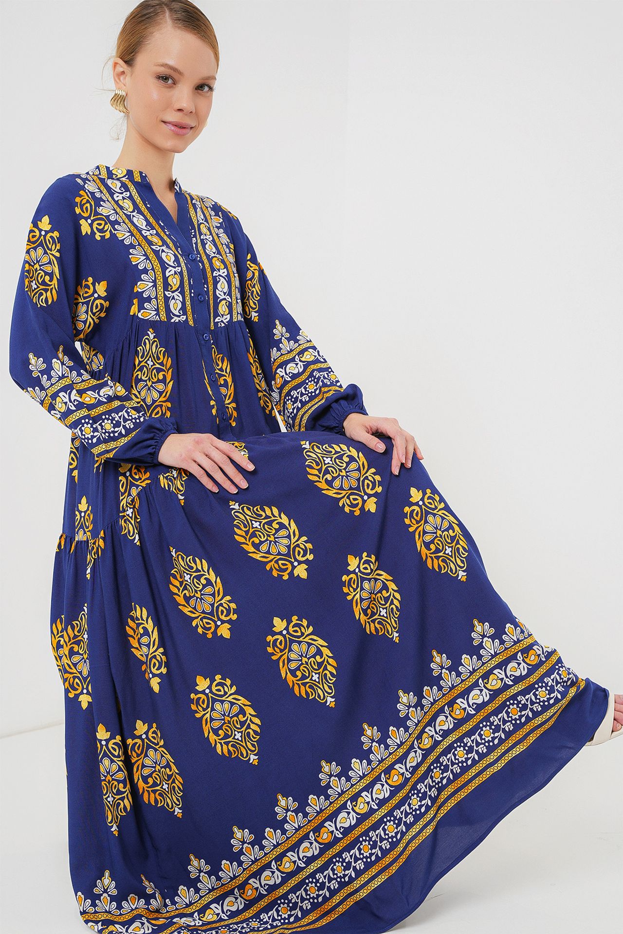 BDART Printed V-Neck Maxi Dress with Button Closure 1
