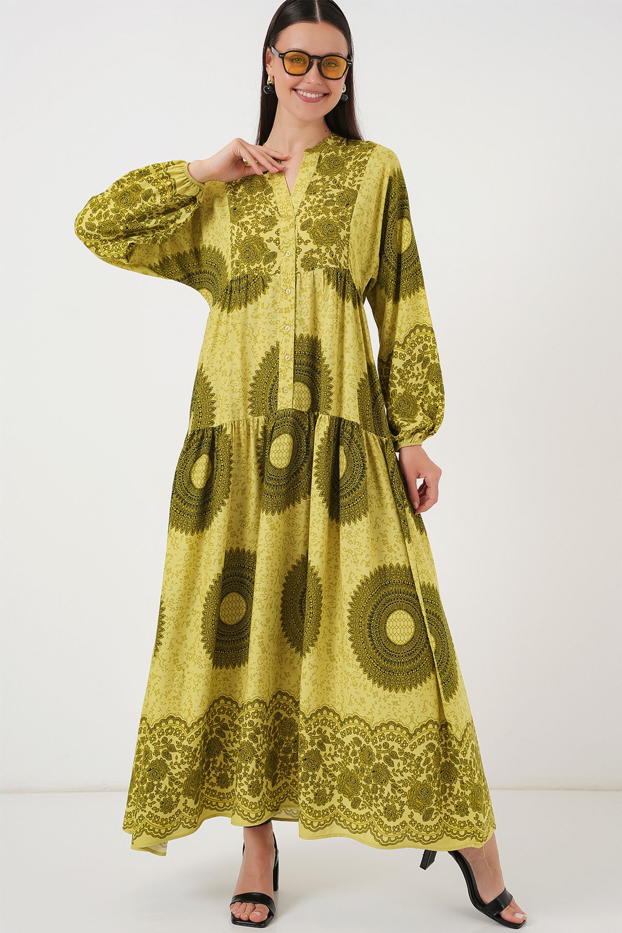 BDART Patterned V-Neck Maxi Dress with Button Closure 1