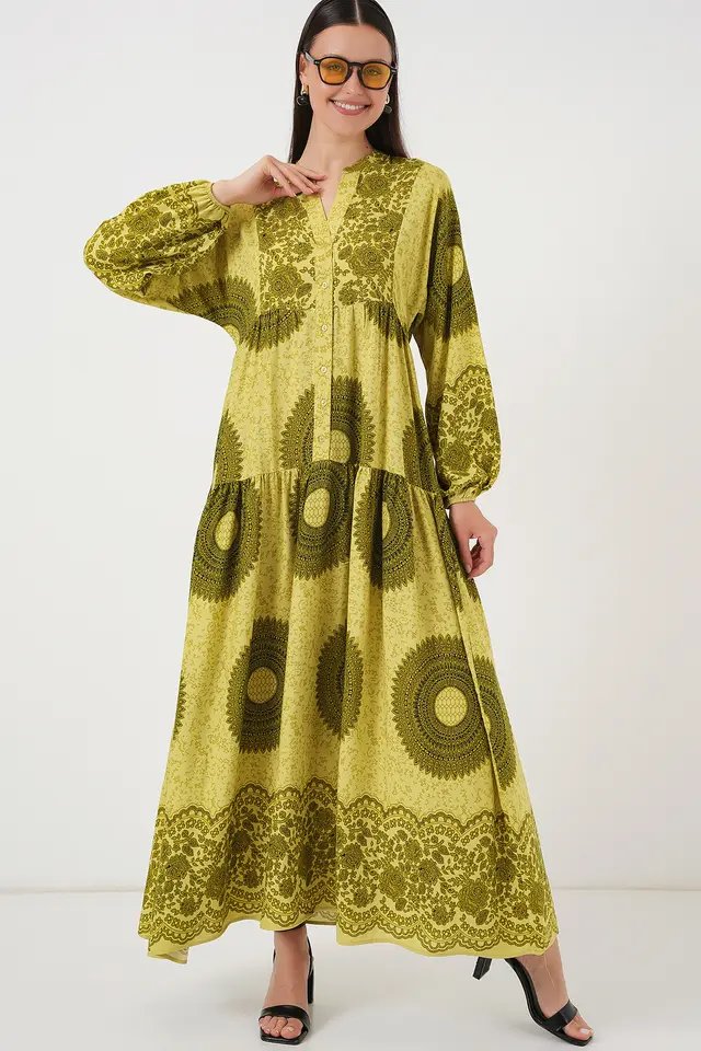 BDART Patterned V-Neck Maxi Dress with Button Closure