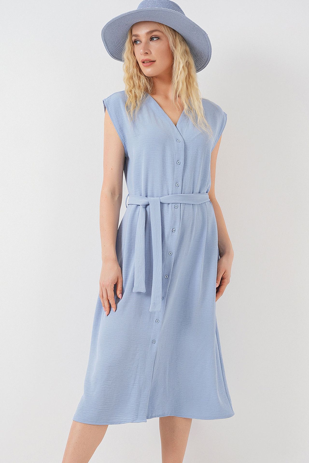 BDART Textured V-Neck Midi Dress with Button Closure 1