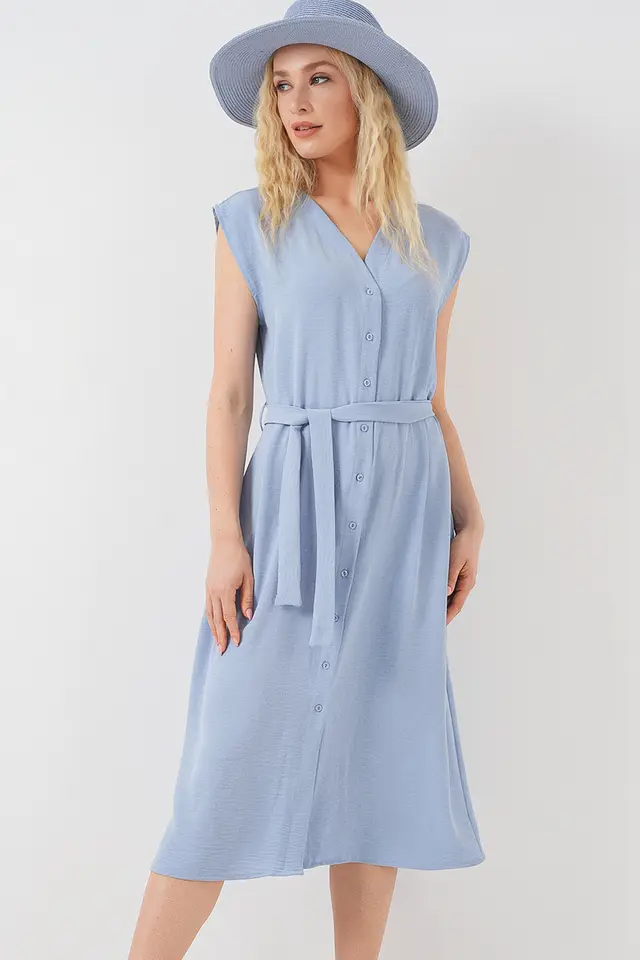 BDART Textured V-Neck Midi Dress with Button Closure