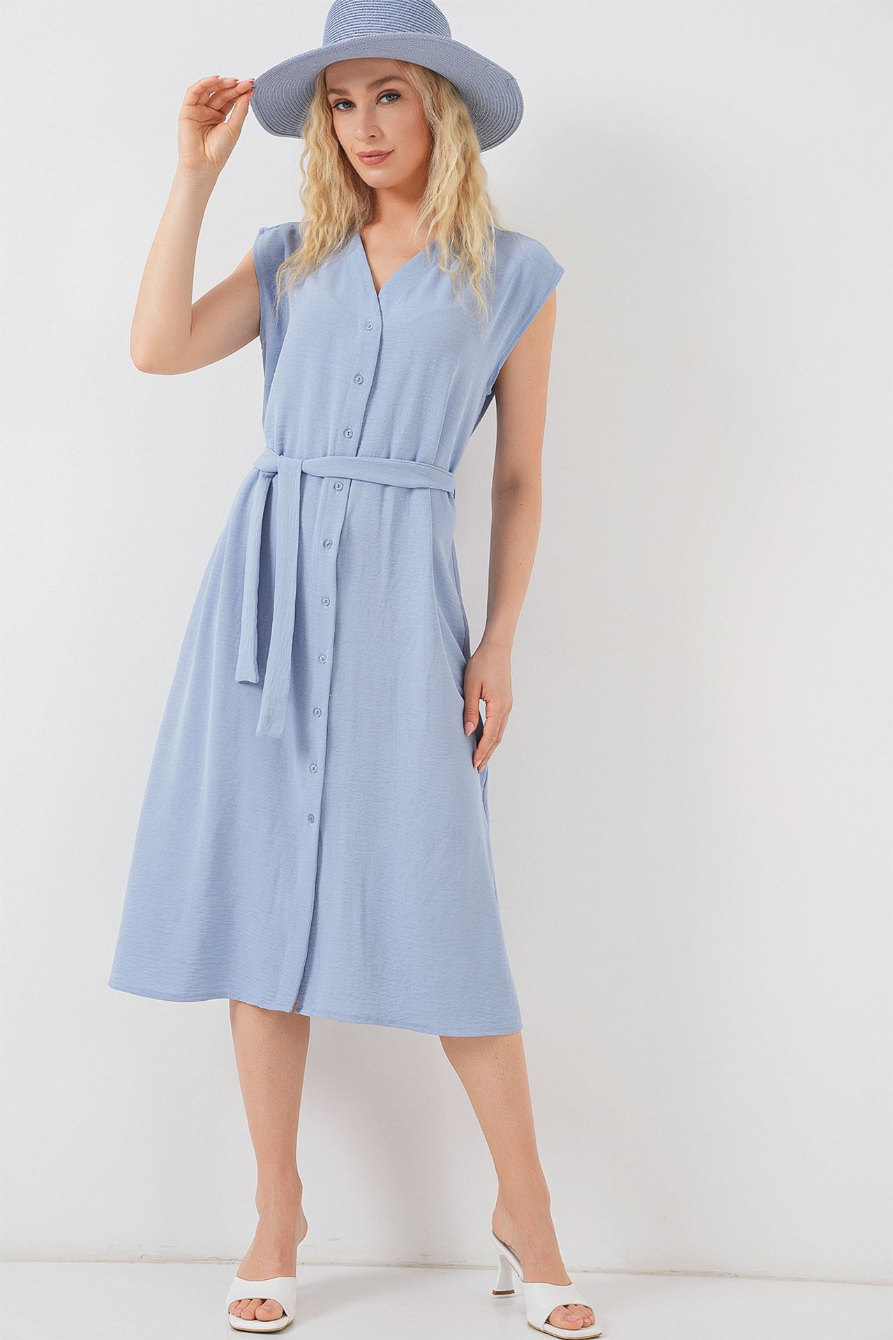 BDART Textured V-Neck Midi Dress with Button Closure 2