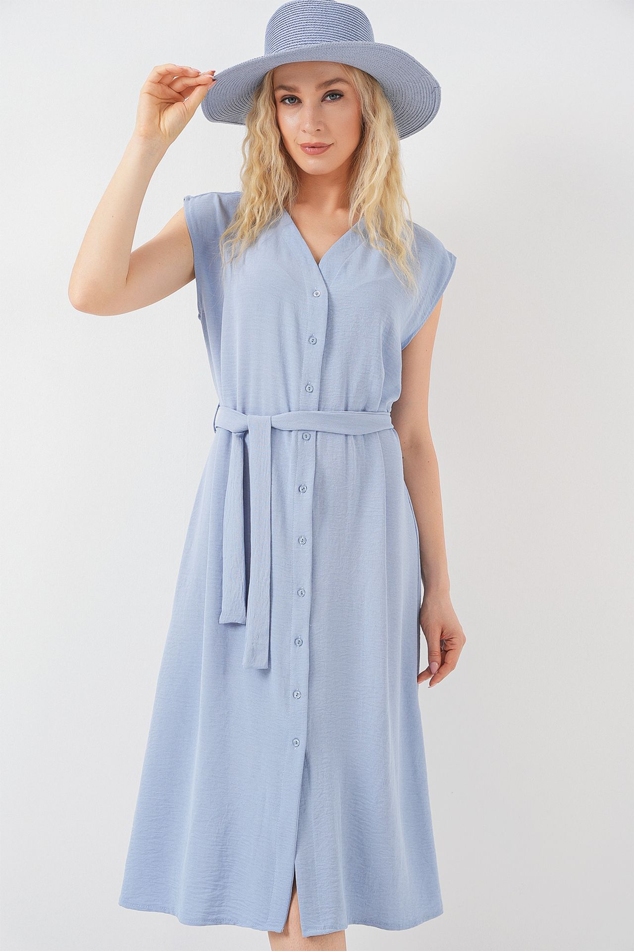 BDART Textured V-Neck Midi Dress with Button Closure 4
