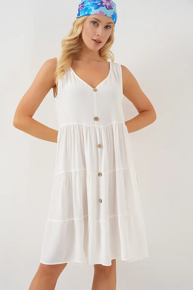 BDART V-Neck Sleeveless Mini Dress with Button Detail
