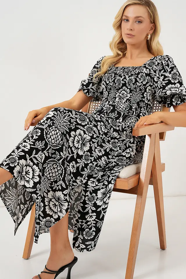 BDART Floral Midi Dress with Square Collar and Slit