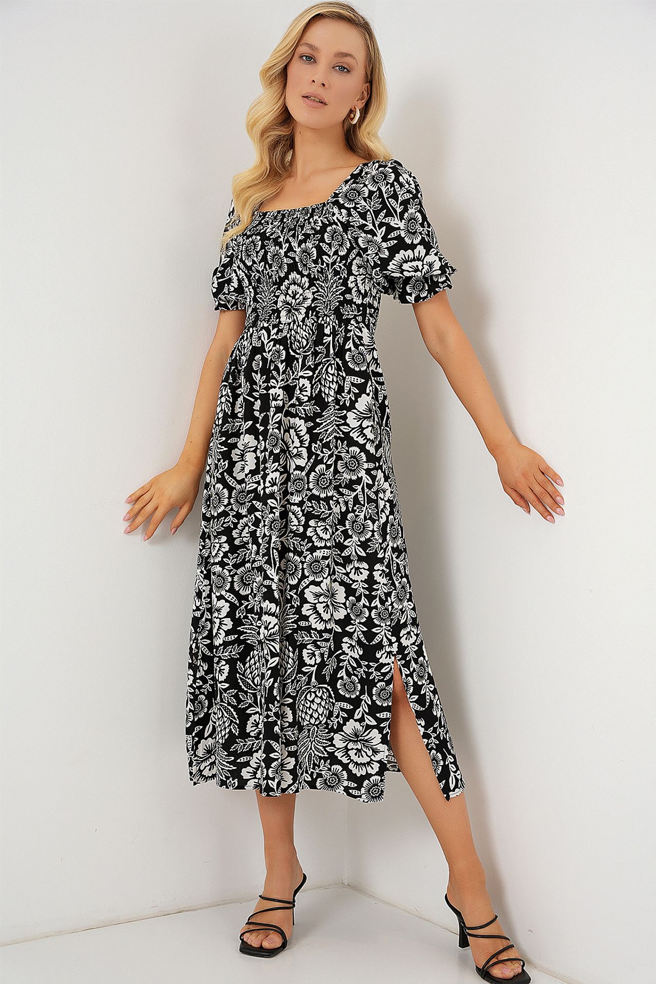 BDART Floral Midi Dress with Square Collar and Slit 2