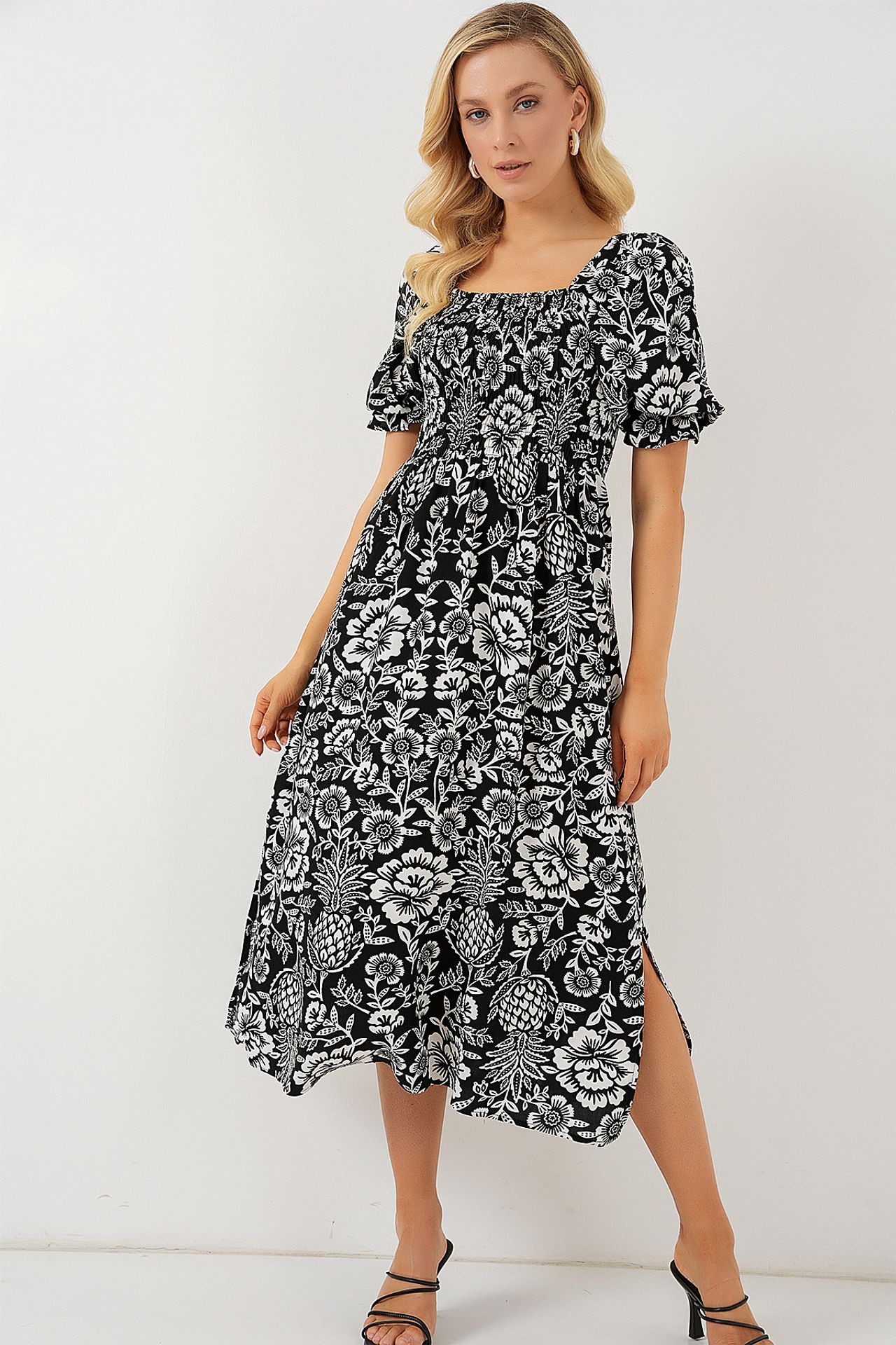 BDART Floral Midi Dress with Square Collar and Slit 3