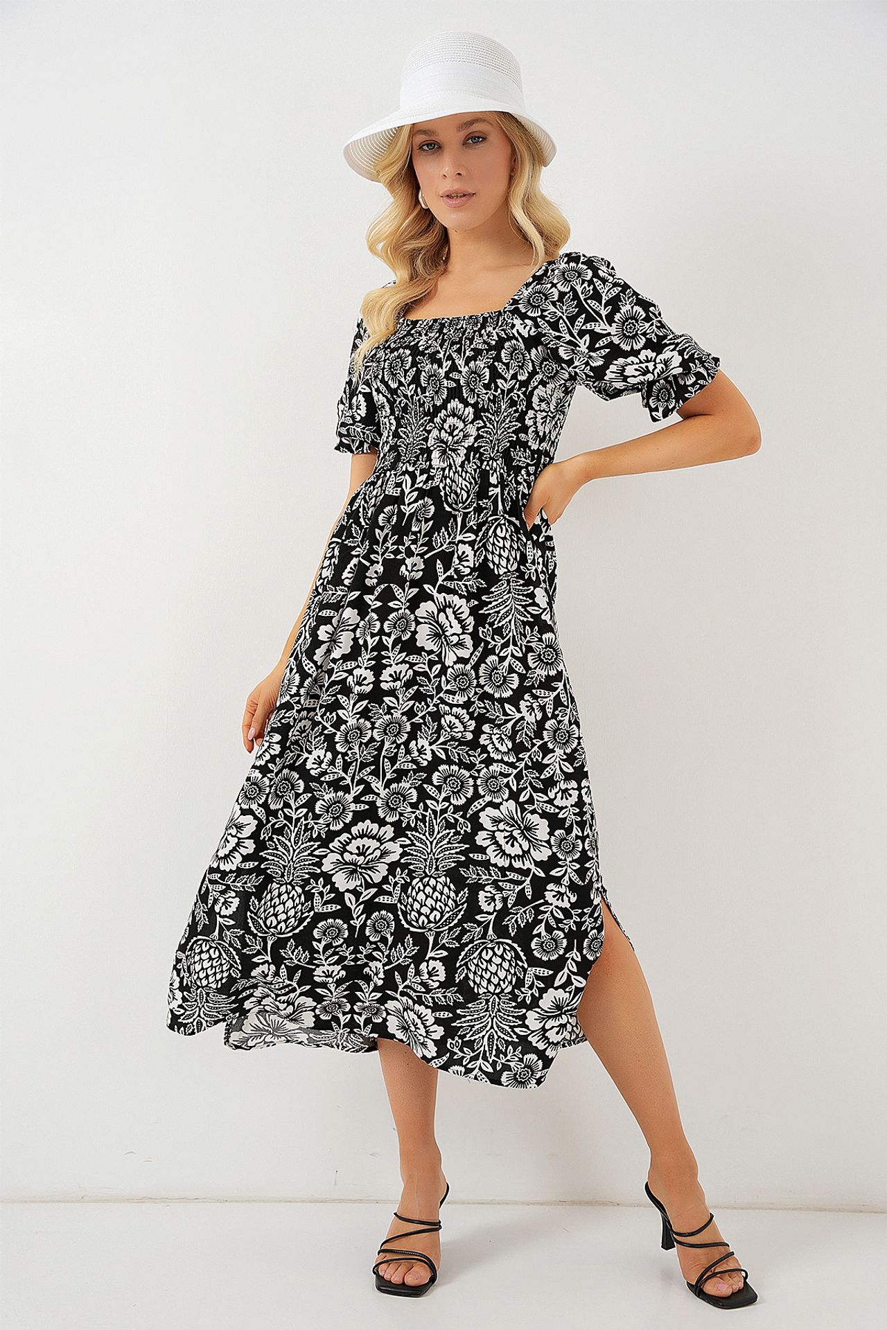 BDART Floral Midi Dress with Square Collar and Slit 4
